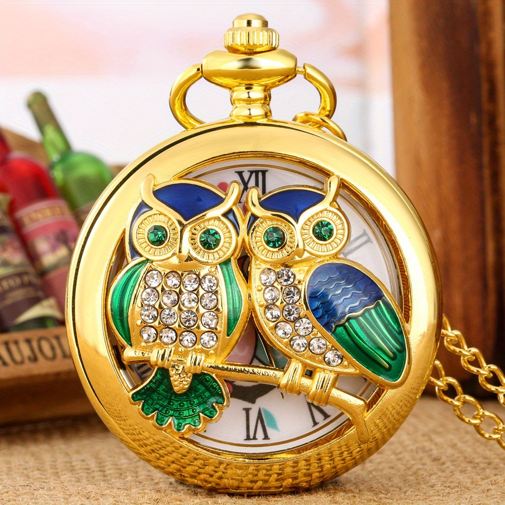 TEMU Luxury Owl Pocket Watch Necklace - Hollow Quartz Movement Pocket Watch With Golden Chain Pendant, Sweater Suitable For Or Necklace, Elegant Accessory For Casual Attire & Special Occasions