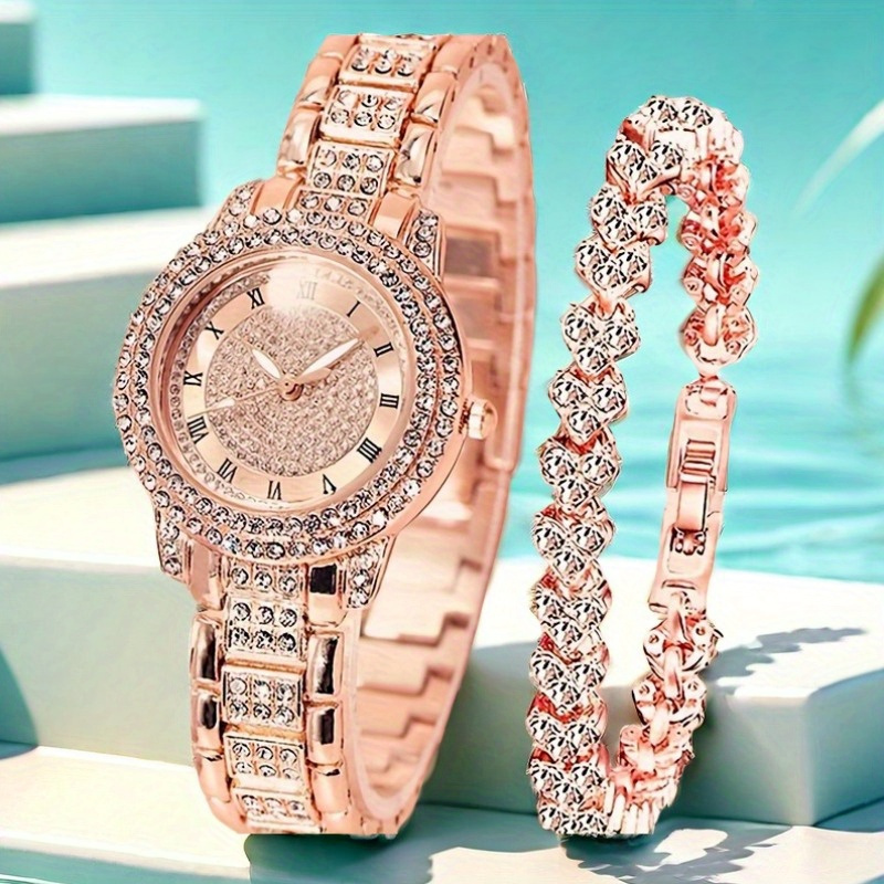 

2 Pcs Rose Golden Quartz Watches Alloy Strap Alloy Pointer Pink Rhinestone Watches And Bracelet Jewelry For Women Gifts For Eid