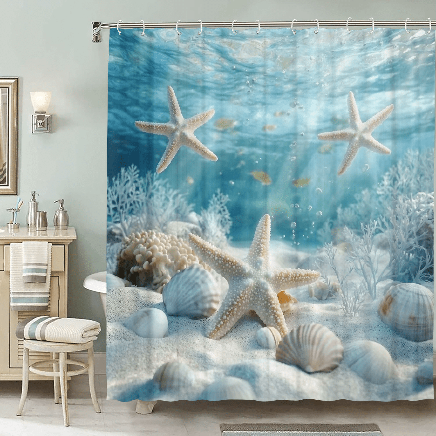 

Water-resistant Non-woven Shower Curtain With Starfish Oceanic Design, 12 Hooks Included, Machine Washable Decorative Bathroom Curtain