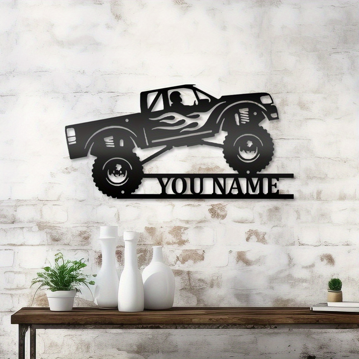 

Custom Monster Truck Metal Wall Sign - Personalized Off-road Driver Nameplate, Iron Art Deco Wall Hanging With Flame Design, No Electricity Needed, Multipurpose Home Decor, 1pc