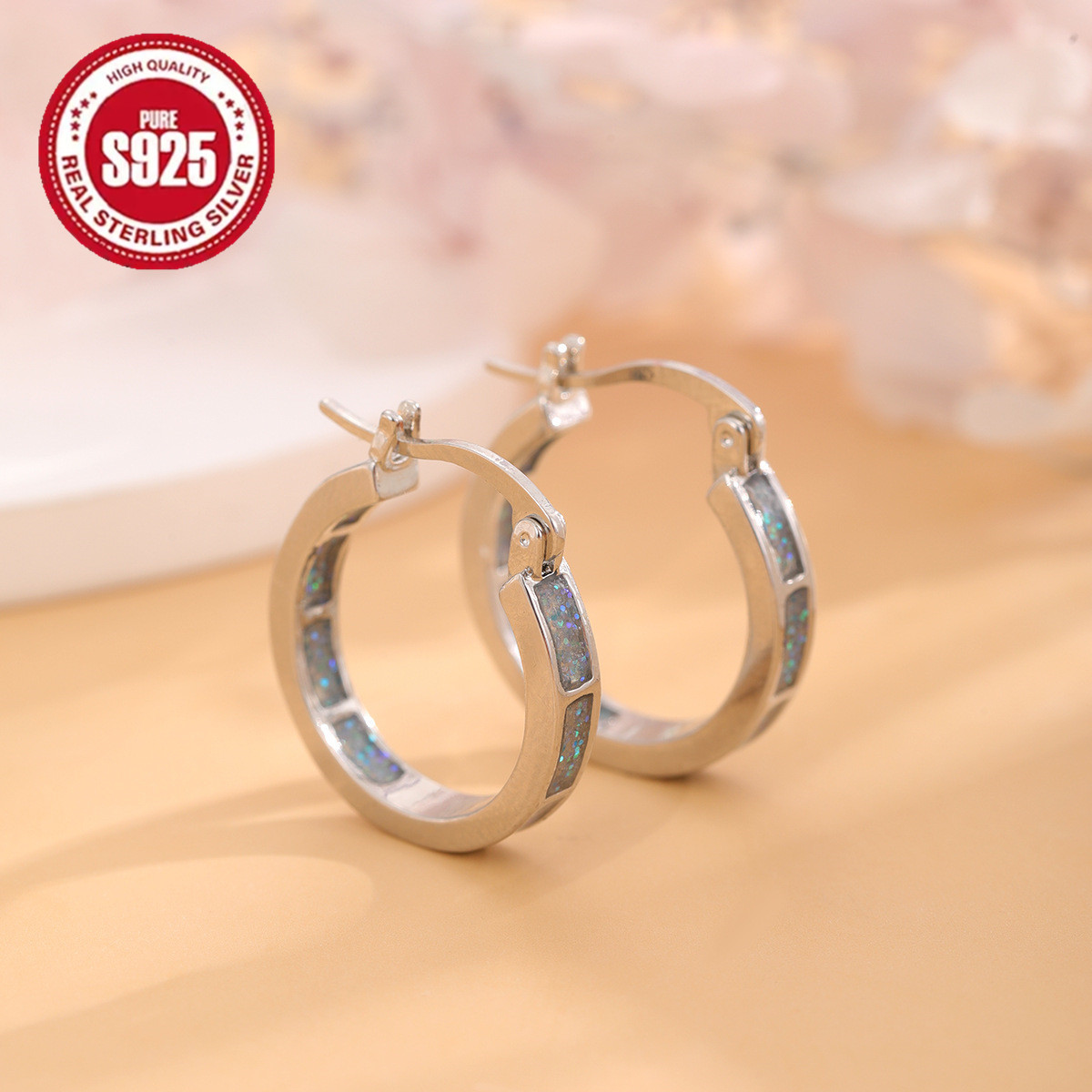 TEMU Delicate Opal Bohemian Hoop Earrings - Hypoallergenic 925 Sterling Silver, Elegant Style, Durable, Nickel-free, Gift For Women, Perfect For