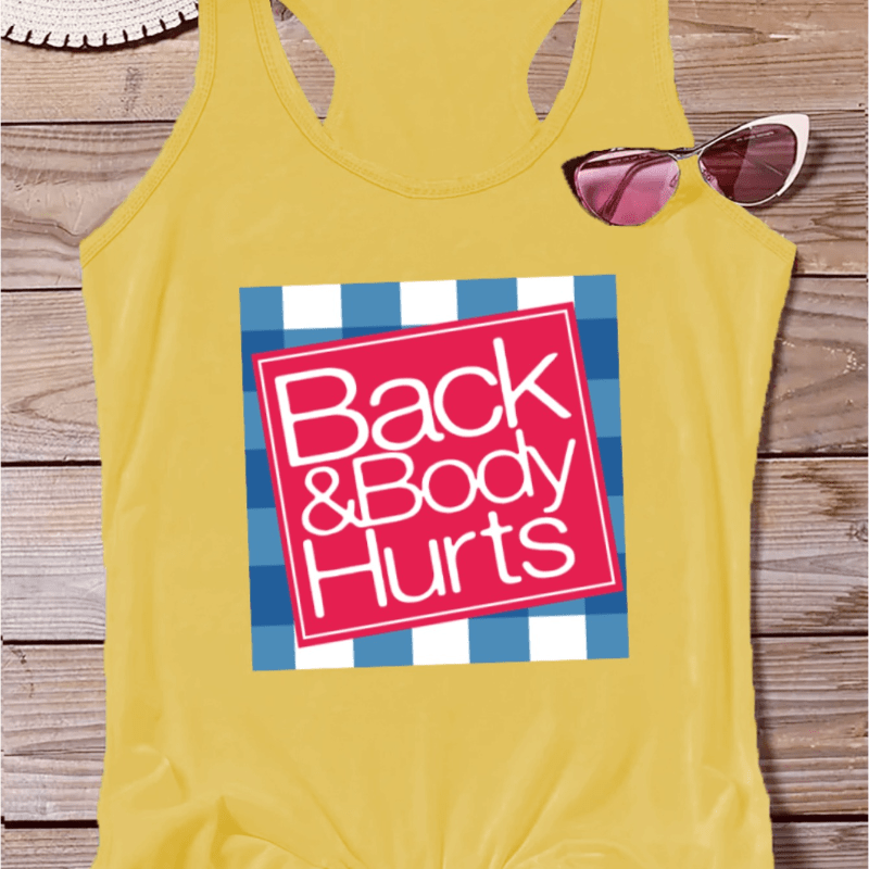 

Plus Size Back & Body Hurts Print Tank Top, Casual Sleeveless Crew Neck Top For Summer & Spring, Women's Plus Size Clothing