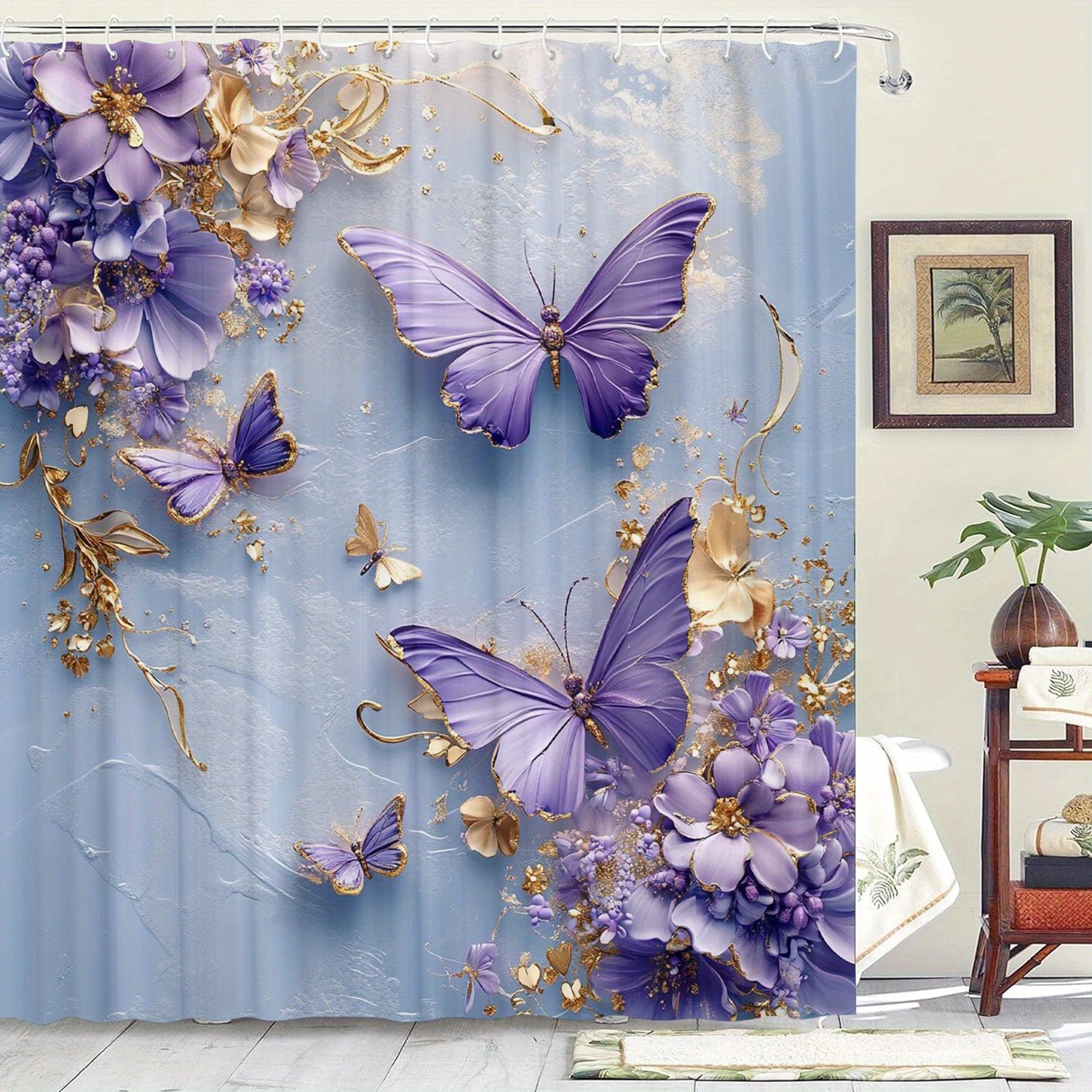 

Water-resistant Non-woven Shower Curtain With Butterfly Graphics, Artistic Floral Design, Includes 12 Hooks, Machine Washable Bathroom Curtain For Home And Hotel