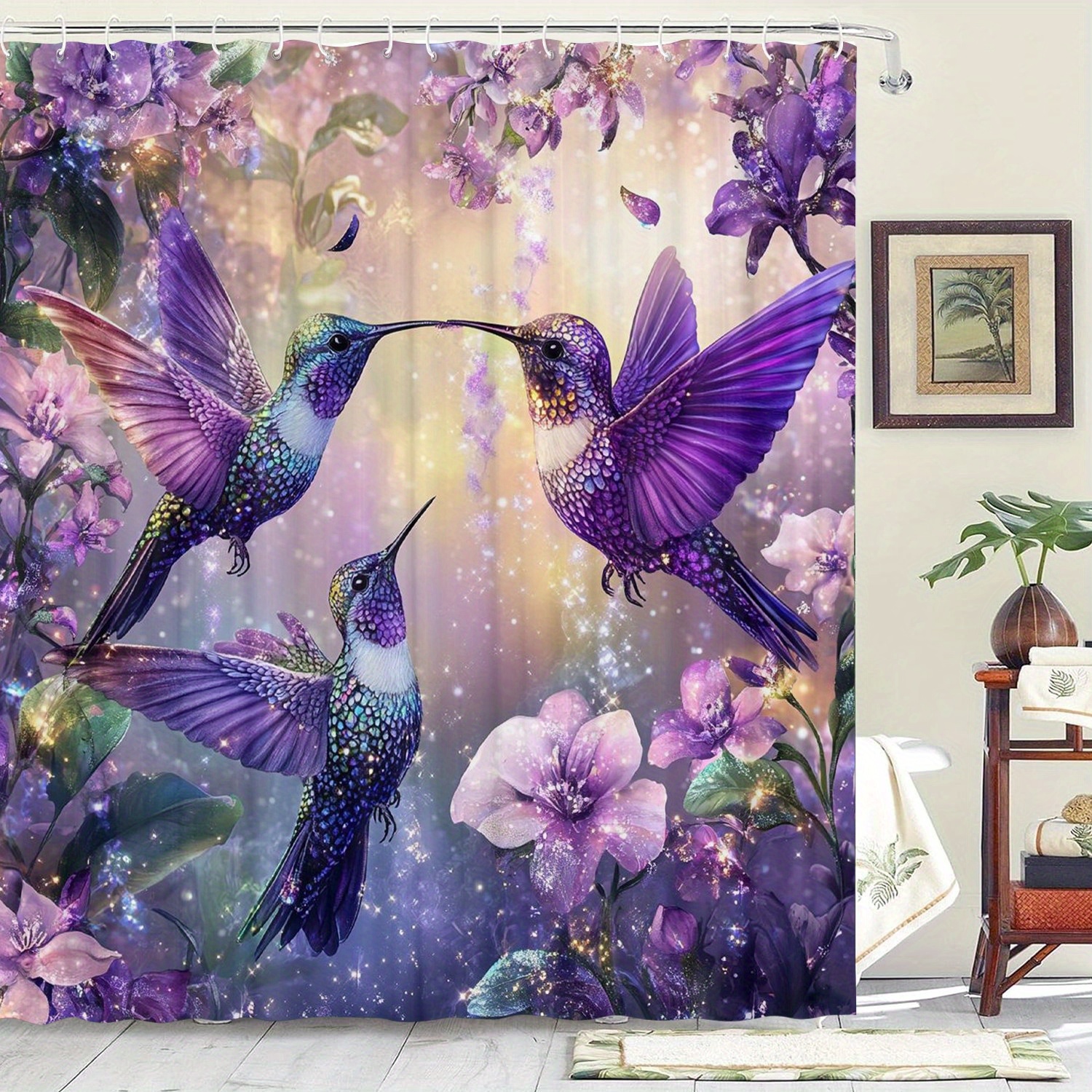 

Vibrant Purple Hummingbirds Bath Curtain With 12 Hooks - Waterproof, Machine Washable, Artistic Design, Suitable For Home, Hotel, Or Machine Washable Curtain