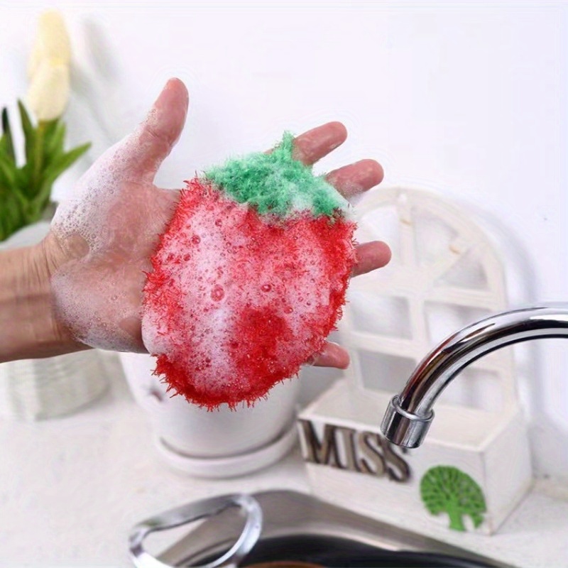 festive 4 piece strawberry kitchen scrubbers hand wash only super   acrylic cover   10cm x 3 9in details 2