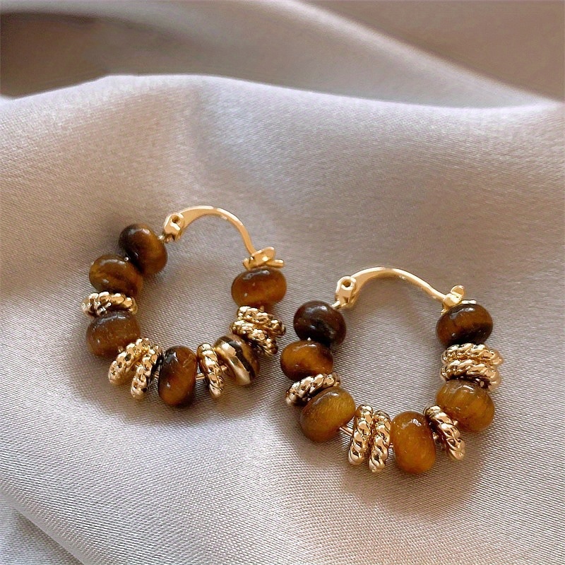 

Elegant Vintage-style Hoop Earrings With Tiger Eye Stone Beads, Fashionable Retro Zinc Alloy Ear Clasps For Women, Versatile For Daily Wear And Gift-giving, All Seasons - No Plating