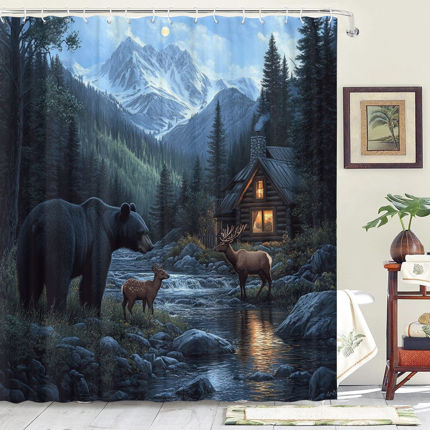 

Water-resistant Shower Curtain With Forest , Non-woven Fabric, Includes 12 Hooks, Machine Washable, Artistic Wildlife Graphic Print For Home And Hotel Bathrooms