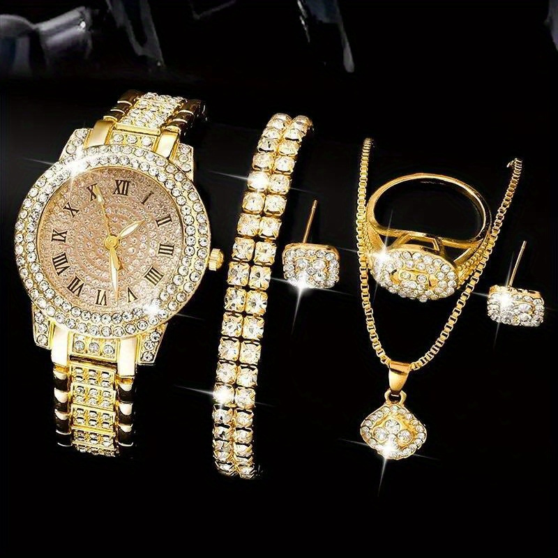 

Golden Watch Women Ring Necklace Earrings Rhinestone Fashion Wristwatch Female Casual Ladies Watches Bracelet Set Clock