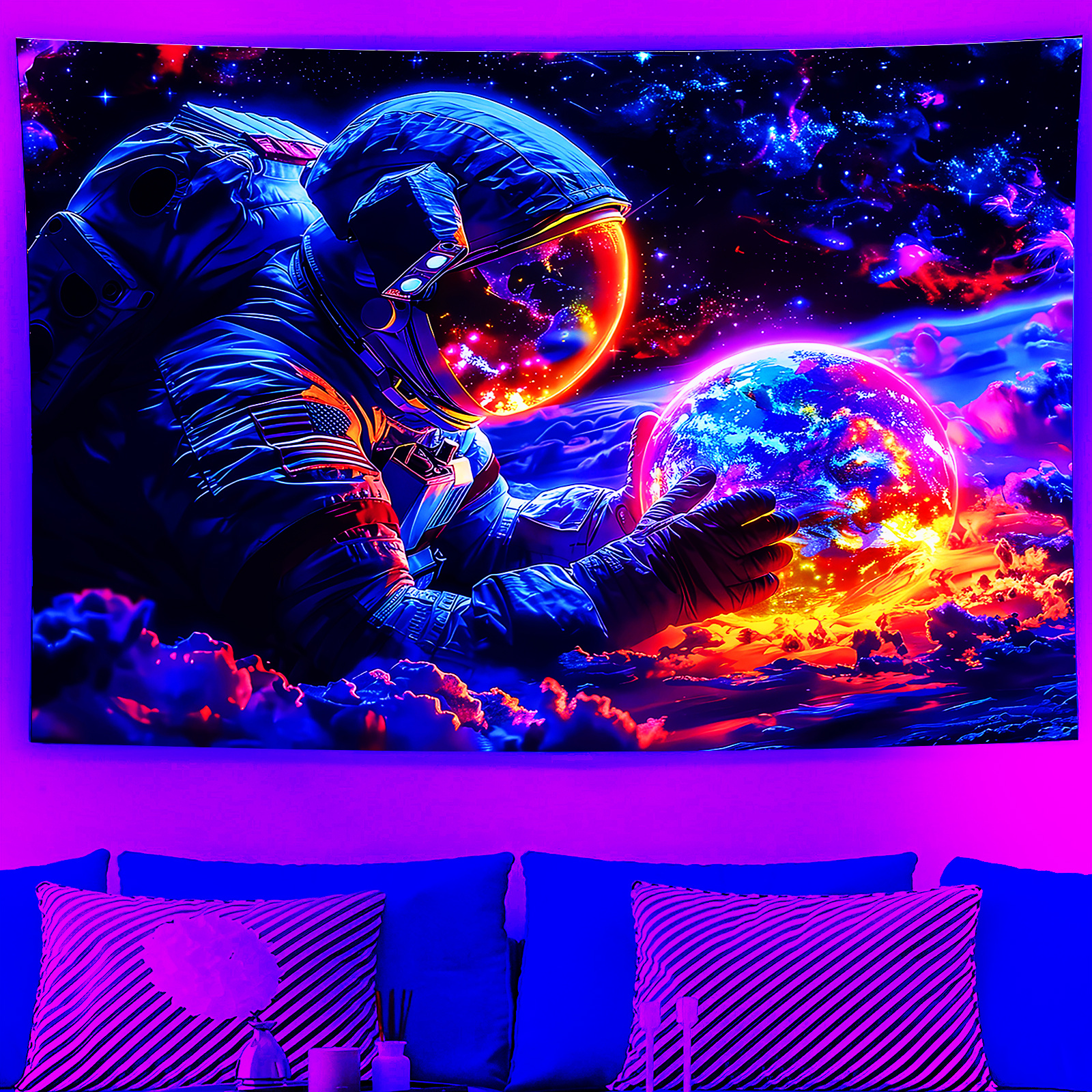 

Black Light Astronaut Tapestry Psychedelic Star Tapestry Uv Reactive Wall Tapestry Psychedelic Neon Space Tapestry Room Wall Hanging