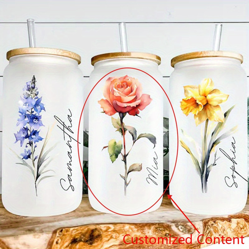 

1pc Customizable Birth Month Floral Glass Jar With Wooden Lid - Personalized Watercolor Flower Coffee Mug, Name Engraved Bridesmaid Proposal, , Mom Birthday, Party & Event Favor