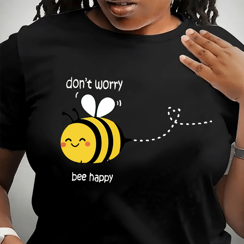 

Bee Happy" Graphic Tee For Women - Casual Crew Neck Short Sleeve Top, Stretchy Polyester Blend, Machine Washable - Perfect For Spring/summer/fall