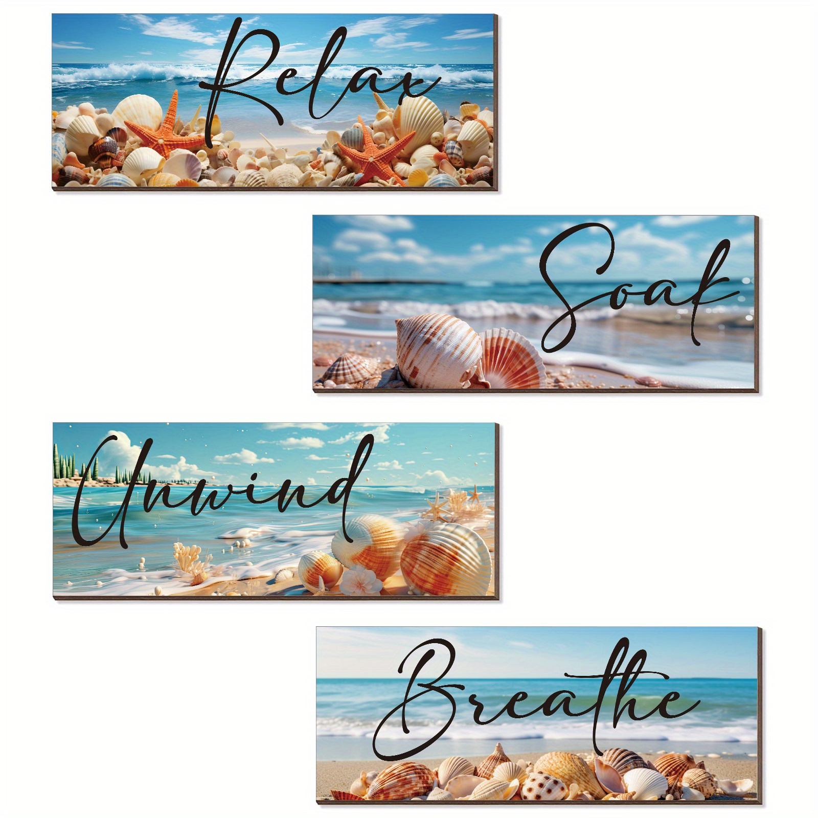 

4pc Wooden Wall Decor, Coastal Elegance, Inspirational Wall Art Rustic Bathroom/ Living Room Accessories For Gift