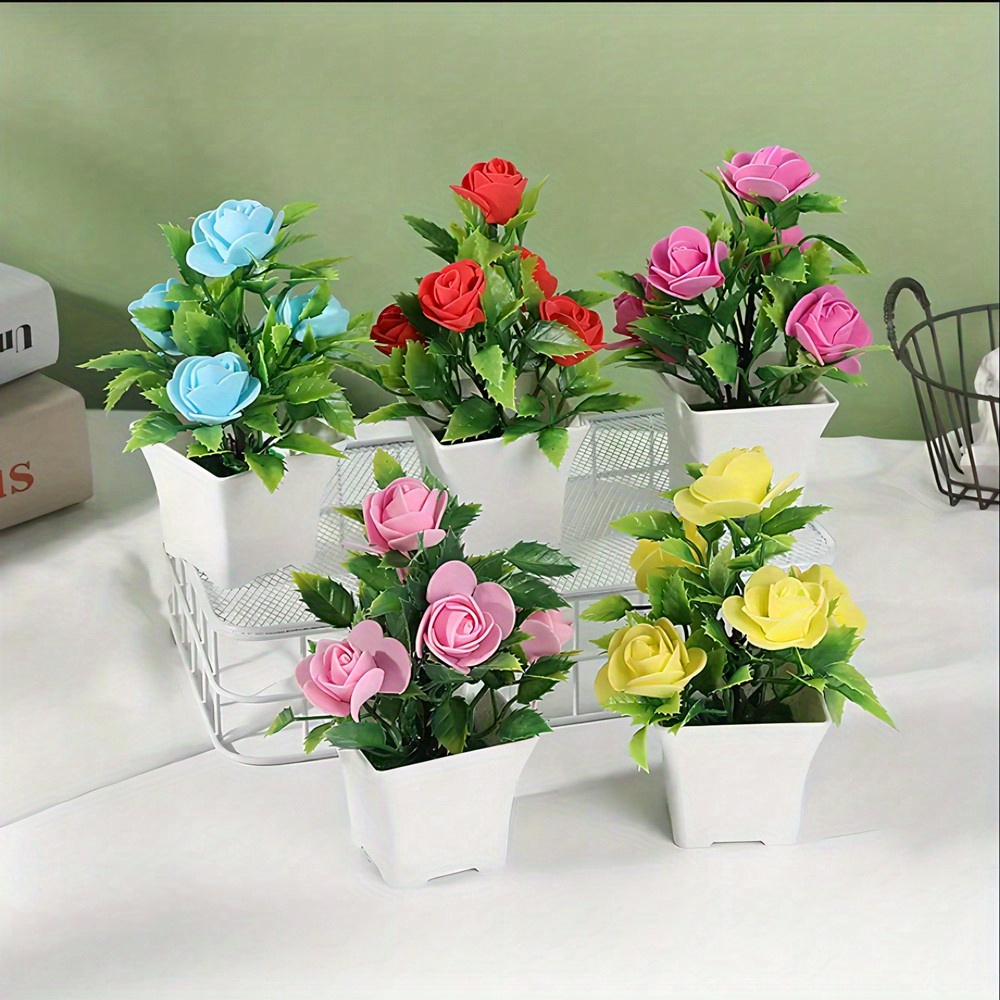 

Valentine's Day Artificial Rose Potted Plants - 5 Foam Roses Per Pot, Faux Flower Bonsai, Plastic Greenery For Home, Hotel, Garden Decor