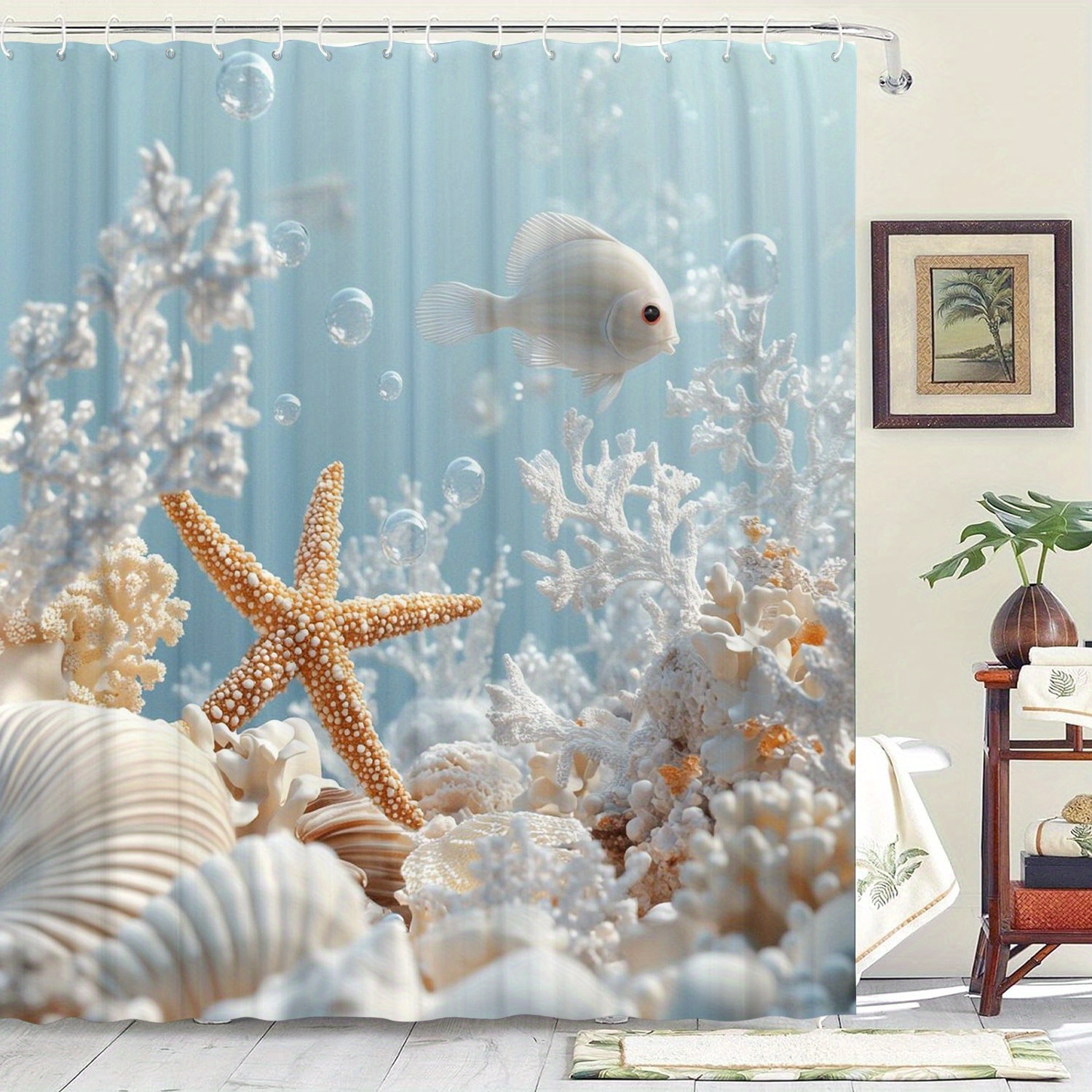 

Artistic Starfish Pattern Shower Curtain With 12 Hooks - Waterproof, Machine Washable, And Suitable For Home, Hotel, Or Machine Washable Bathrooms