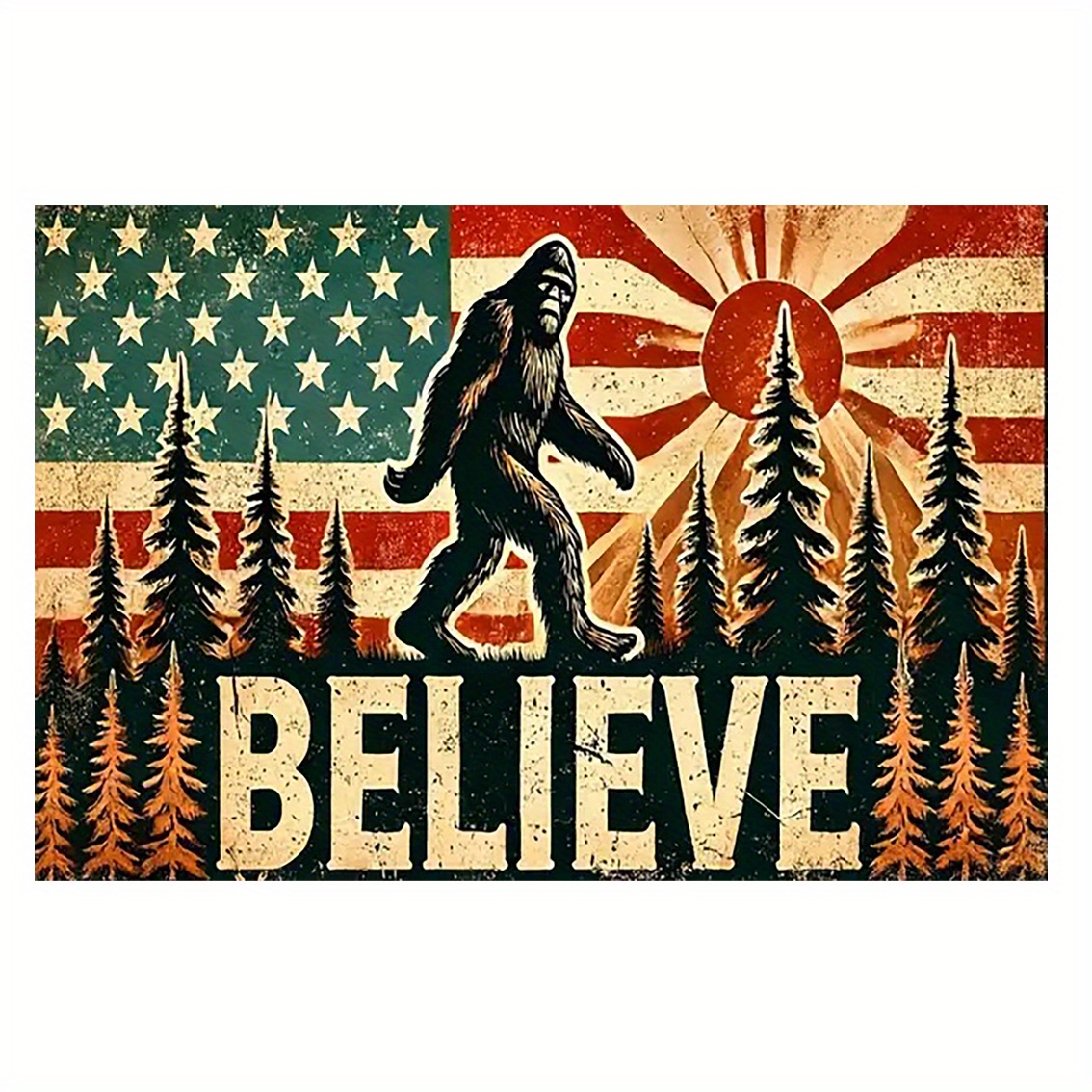 

1pc Vintage American Flag & Sasquatch Kit, Pre-drilled Canvas Art Print, Waterproof & Weather Resistant, Irregular Shape - 12x18 Inches