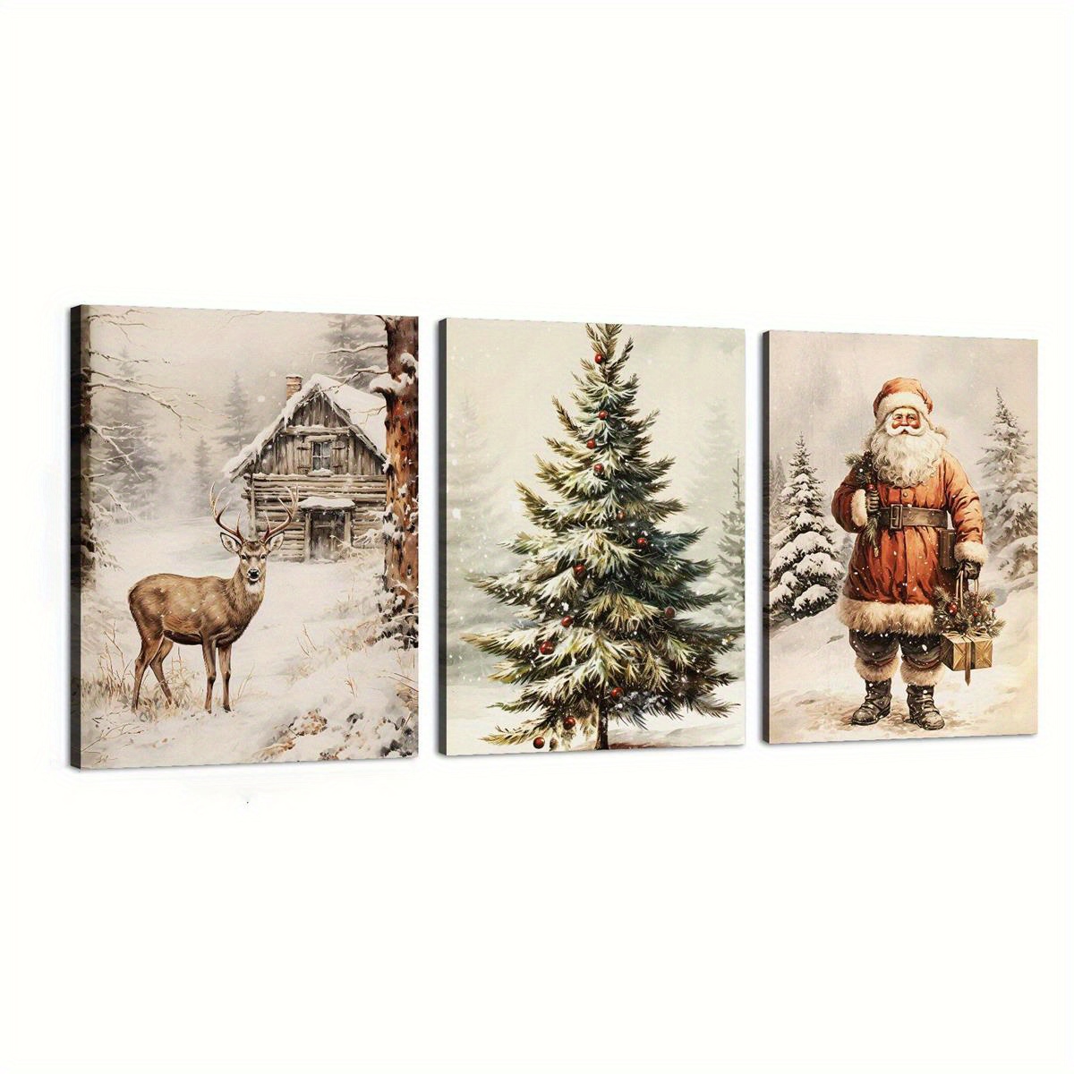 

3pcs Santa Claus & Christmas Tree Canvas Art Set - Waterproof, Wooden Framed Wall Decor For Living Room, Bedroom, Office, And More