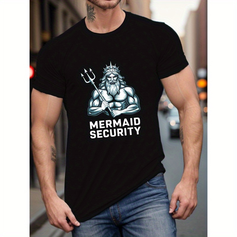 

Men's Polyester Poseidon Trident Print T-shirt - Casual Crew Neck Tee With Slight Stretch, Geometric Mermaid Security Graphic, Summer Knit Fabric Top