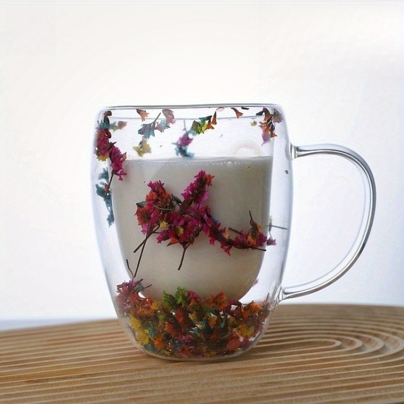 

Chic 350ml Glass Coffee Mug With Real Flowers & Quicksand Design - Double-walled, Heat-resistant For Home Or Office