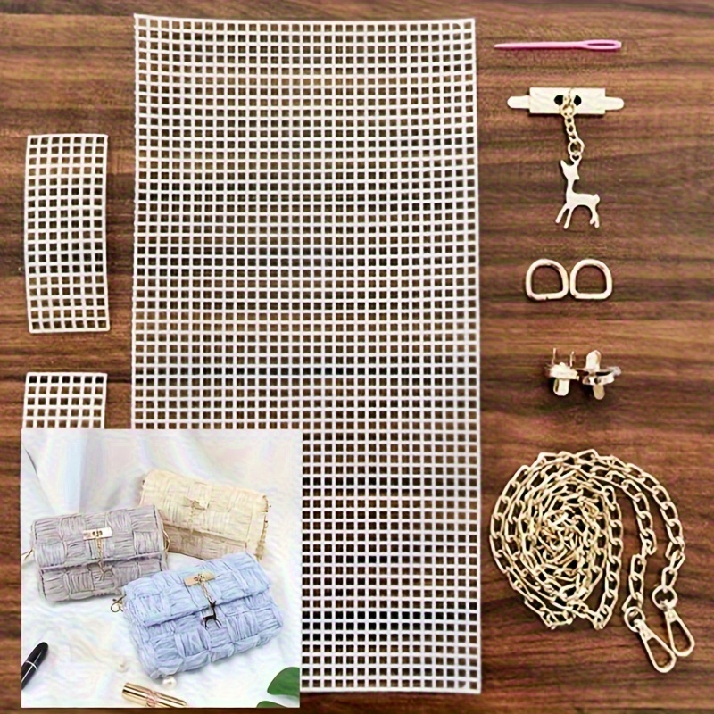 

6pcs Plastic Weaving Mesh Kit Diy Handbag Crafting Accessories With Clasp, Buckles, And Chain – Versatile White Net Set For Homemade Bags & Purses