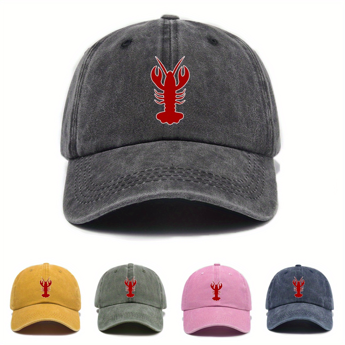 

Urban Style Lobster Print Distressed Wash Baseball Cap With Sun Protection, Adjustable Fit, Woven Polyester, Unisex