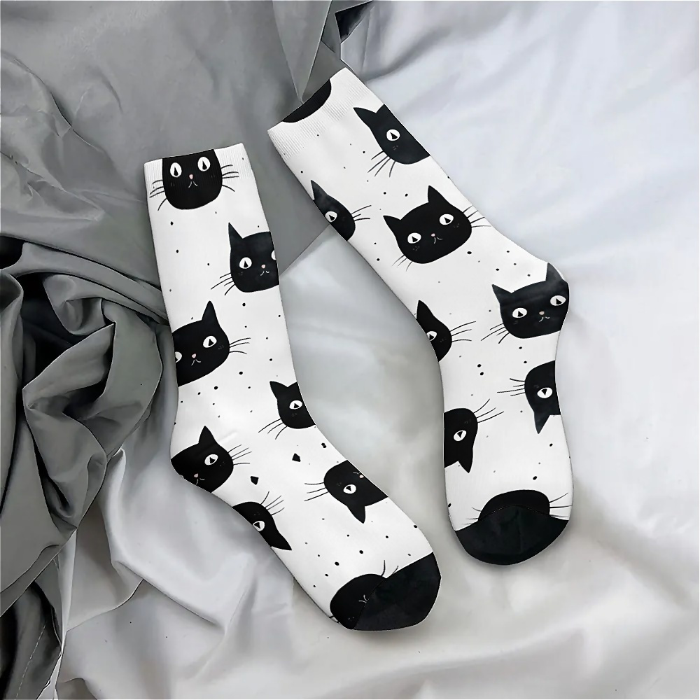 

Unisex Style Novelty Cat Pattern Crew Socks, Knit Polyester Fabric With Spandex, Non-seam Fun Printed , Hand Wash Recommended, 1 Pair Gift For Men And Women