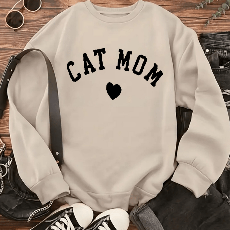 

Festive Pink 'cat Mom' Sweatshirt With Heart Detail - Adult Size, Knit Fabric, Polyester Blend, Casual Style, All Seasons, Round Neck, Micro- Finish