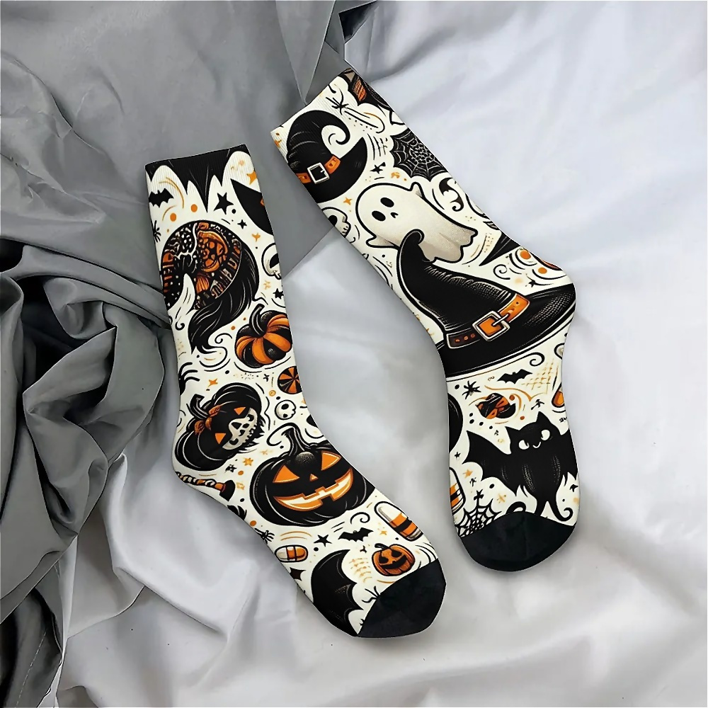 

-themed Crew Length Unisex Hosiery, Knit Polyester Weave With Spandex Stretch, Hand Washable Novelty Printed Footwear, And Pumpkin Design - 1 Pair