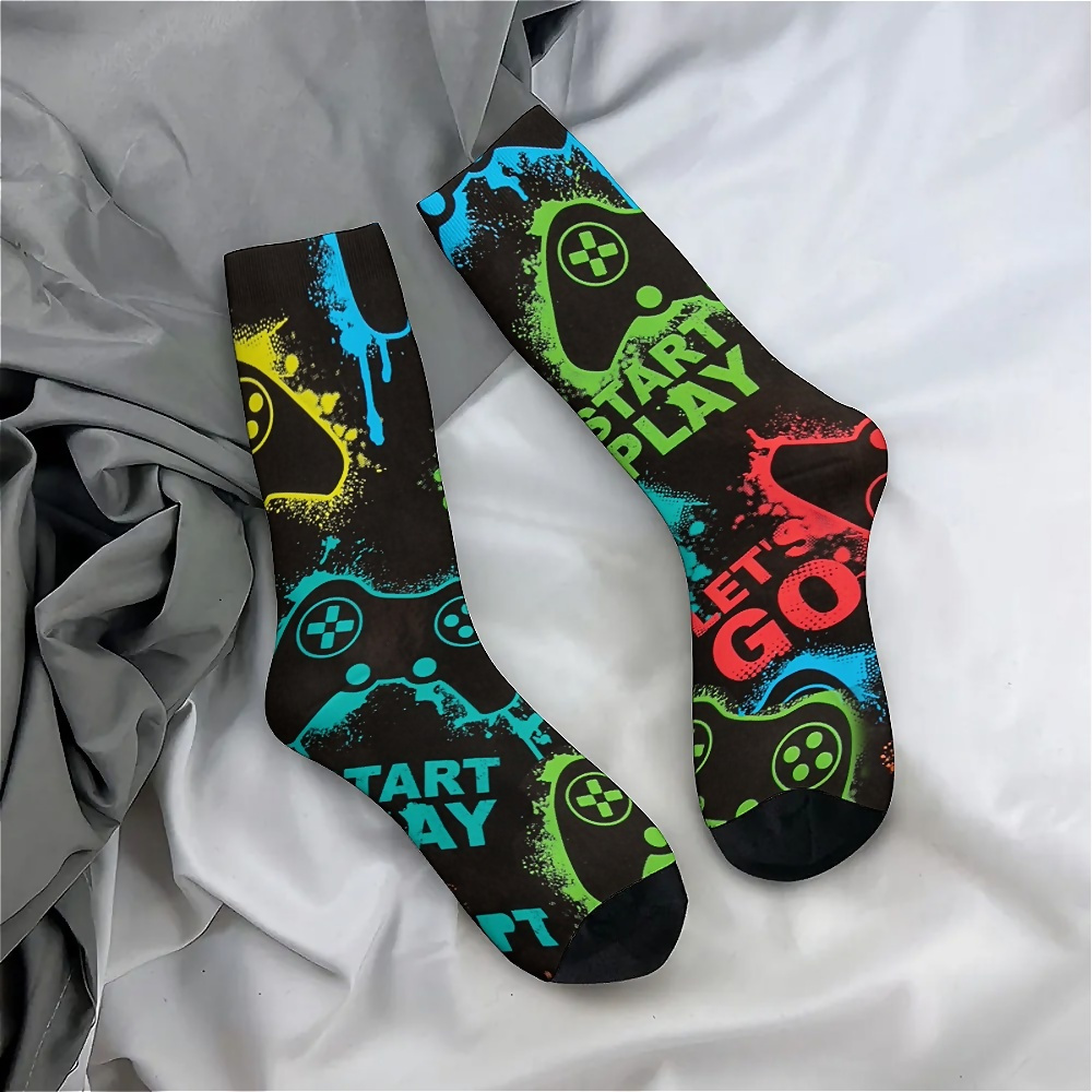 

Gamepad Pattern 1 Pair Men's Mid-calf Crew Socks, Breathable Comfy Casual Socks Sweat-absorbing Fashion Sports Socks For Basketball Running