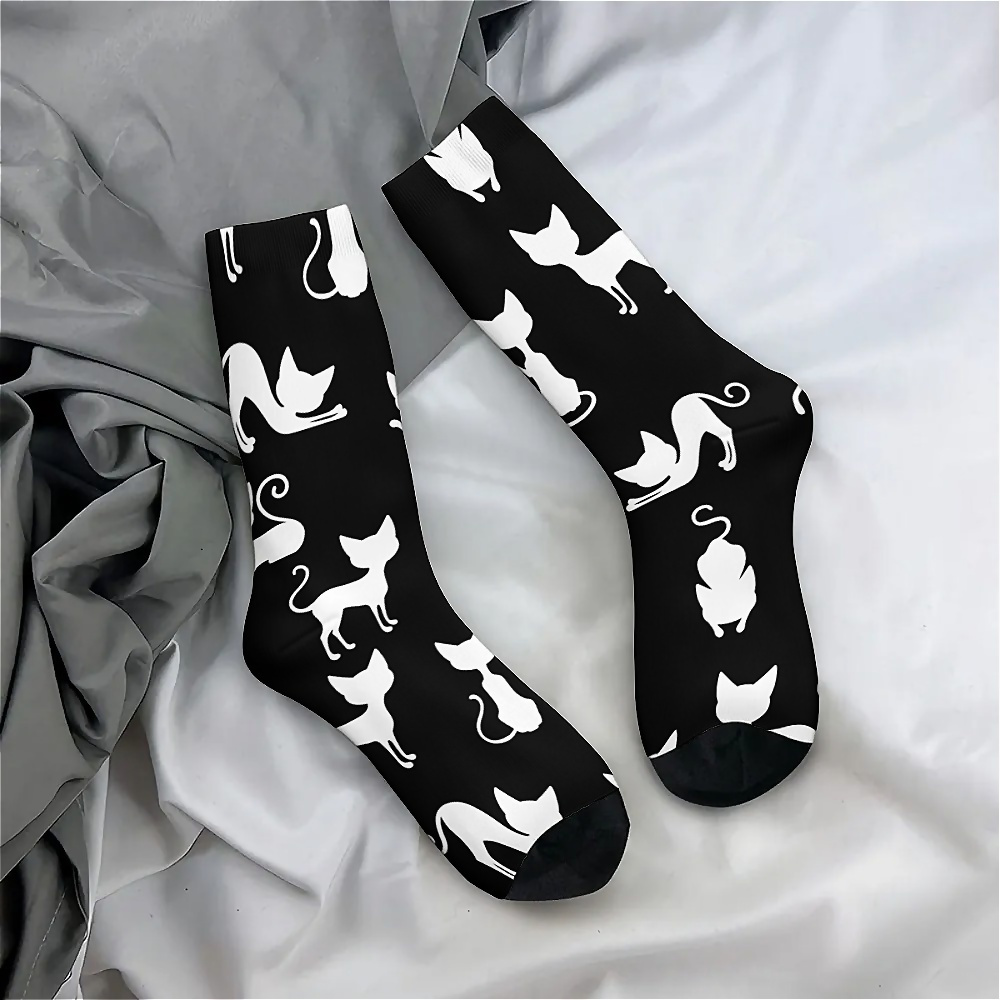 

Unisex Black And White Cat Pattern Crew Socks 1 Pair, Polyester Knit Fabric With Stretch, Hand Wash Only, Novelty Harajuku Style Fun Print, Gift For Boys And Girls - 95% Polyester, 5% Spandex