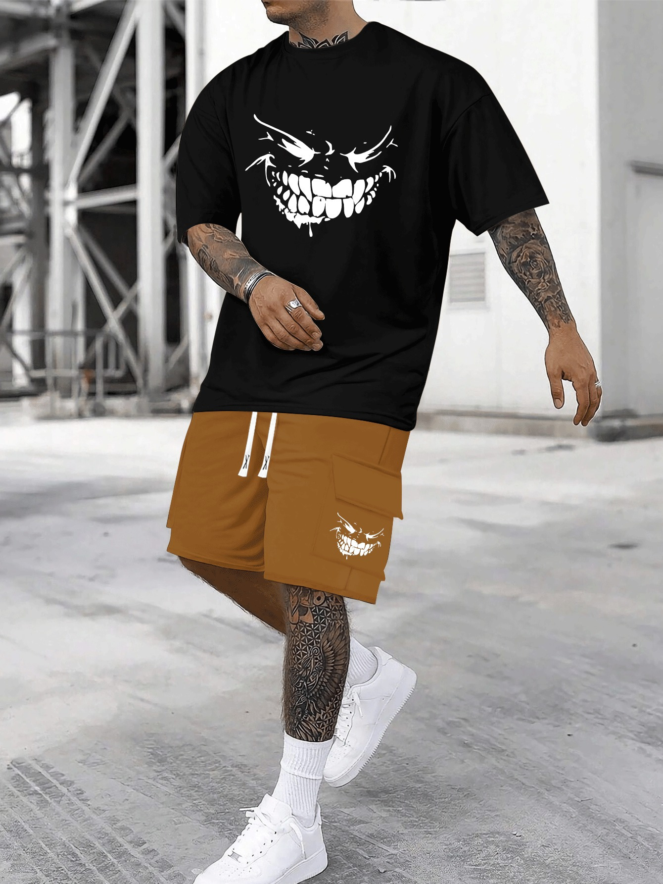 Teeth-showing Smile Funny Pattern Print, Cotton Men's Short Sleeved Top And Shorts Basic Set, Comfortable Breathable Casual Outfits, Suitable For Summer Daily Wear, Vacation Or Training