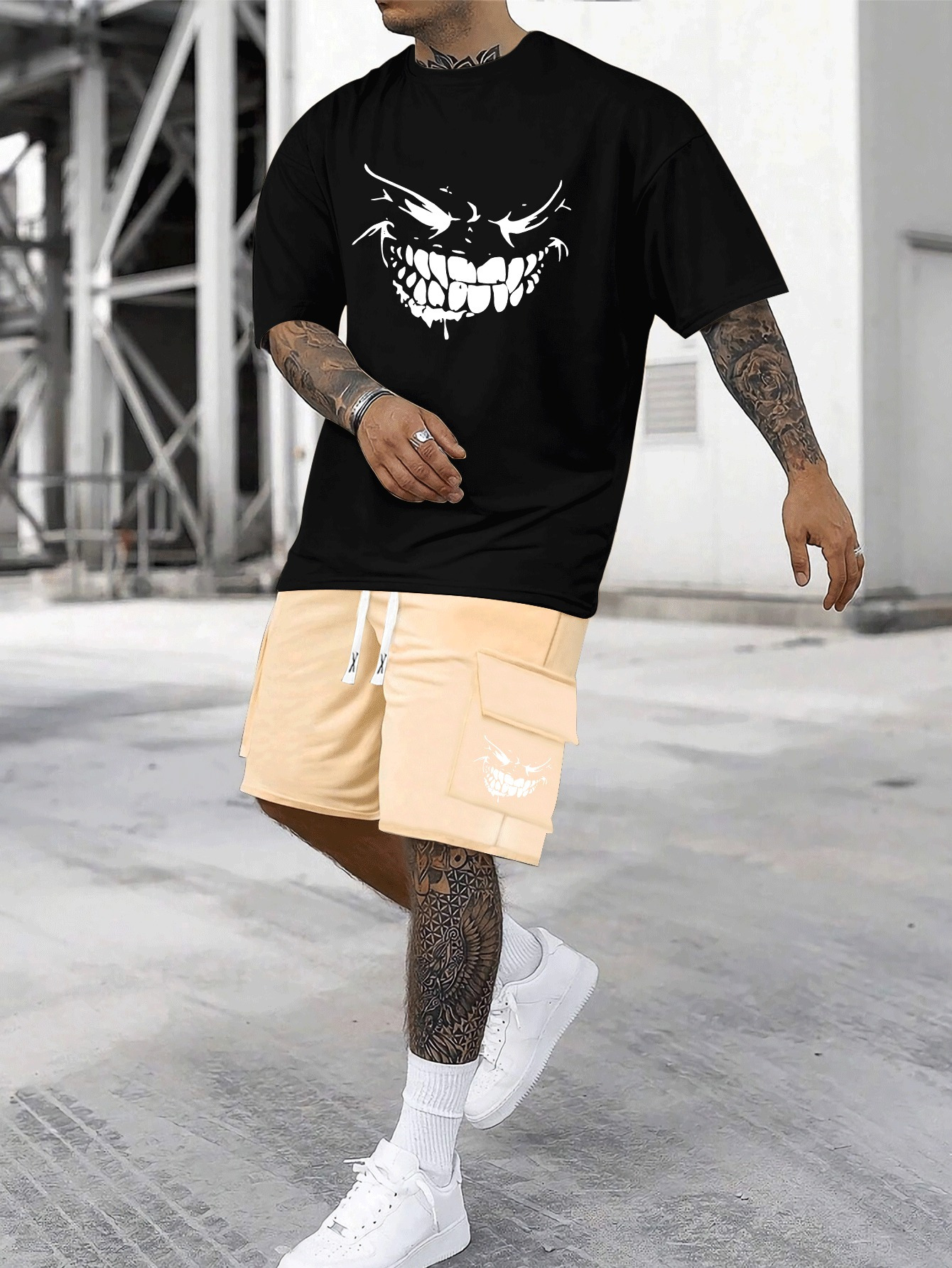 Teeth-showing Smile Funny Pattern Print, Cotton Men's Short Sleeved Top And Shorts Basic Set, Comfortable Breathable Casual Outfits, Suitable For Summer Daily Wear, Vacation Or Training
