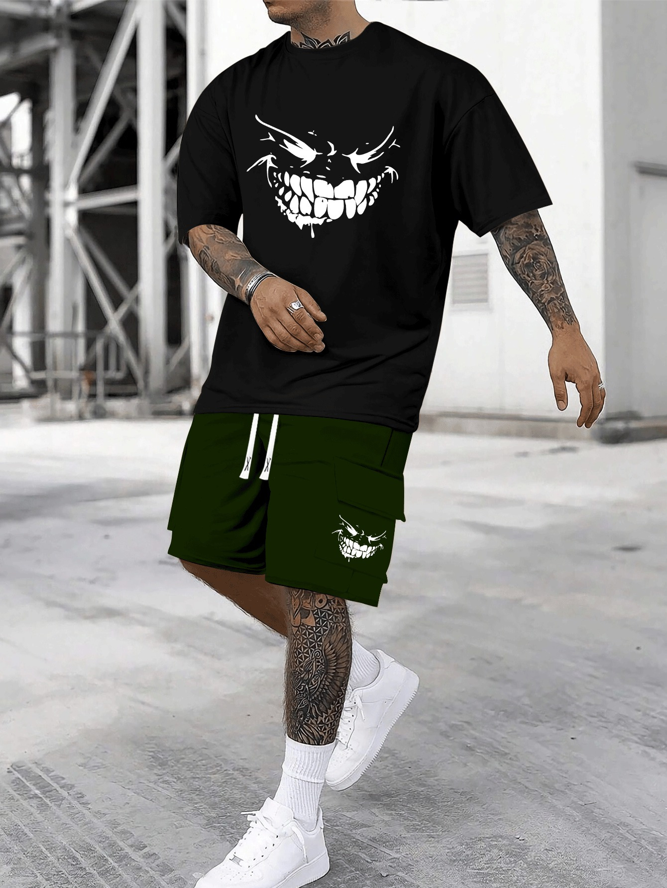 Teeth-showing Smile Funny Pattern Print, Cotton Men's Short Sleeved Top And Shorts Basic Set, Comfortable Breathable Casual Outfits, Suitable For Summer Daily Wear, Vacation Or Training
