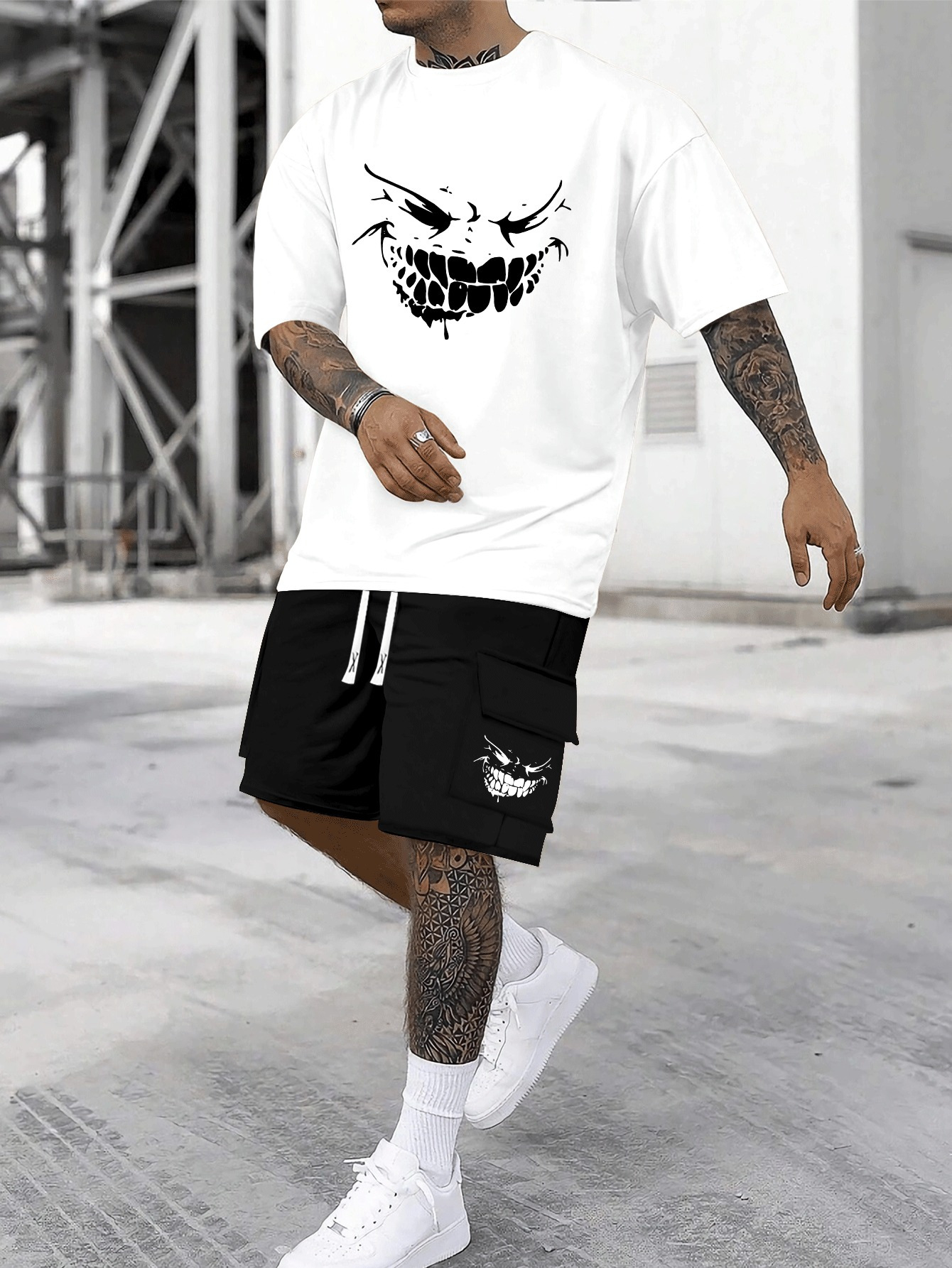 Teeth-showing Smile Funny Pattern Print, Cotton Men's Short Sleeved Top And Shorts Basic Set, Comfortable Breathable Casual Outfits, Suitable For Summer Daily Wear, Vacation Or Training