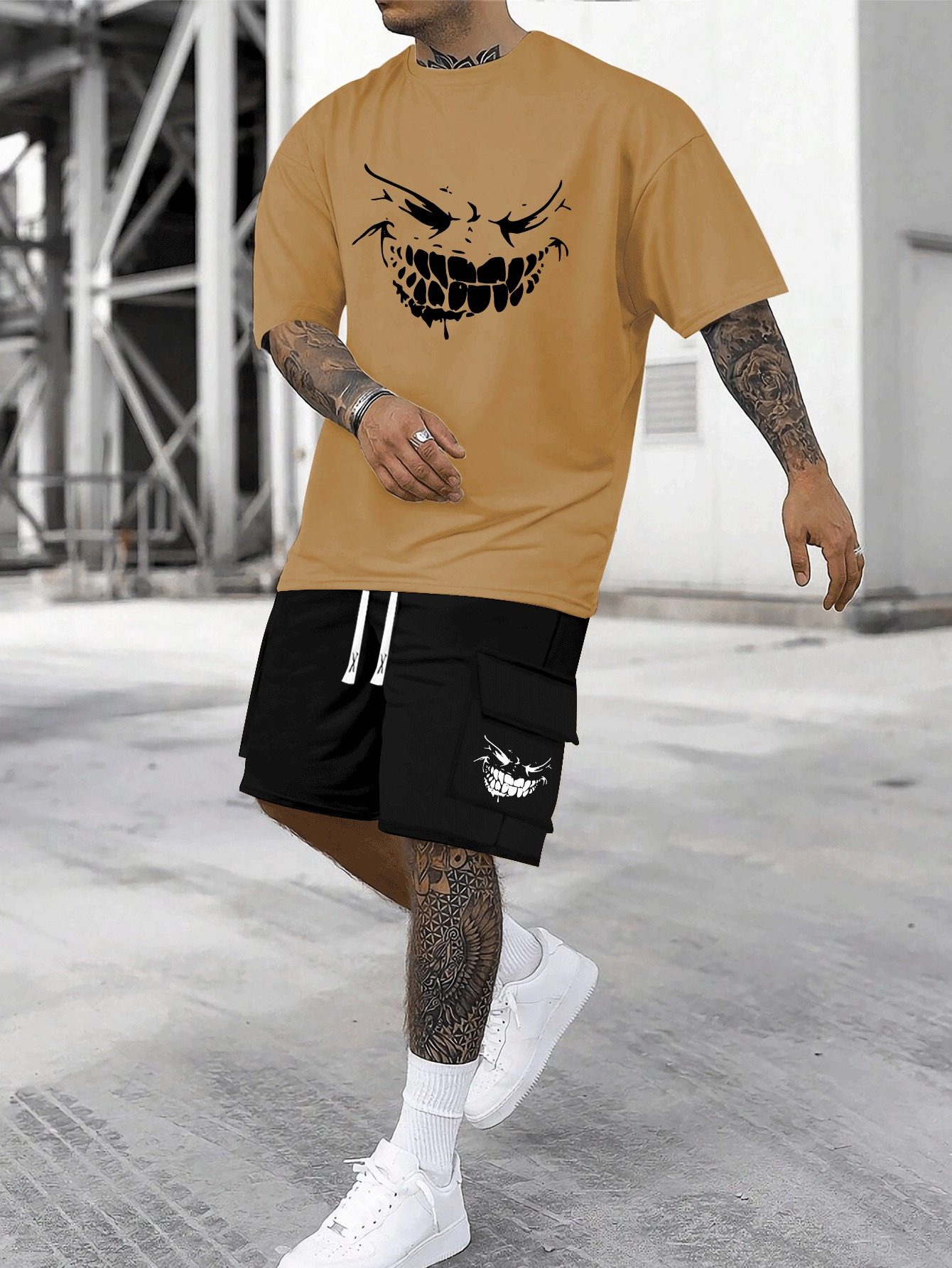 Teeth-showing Smile Funny Pattern Print, Cotton Men's Short Sleeved Top And Shorts Basic Set, Comfortable Breathable Casual Outfits, Suitable For Summer Daily Wear, Vacation Or Training