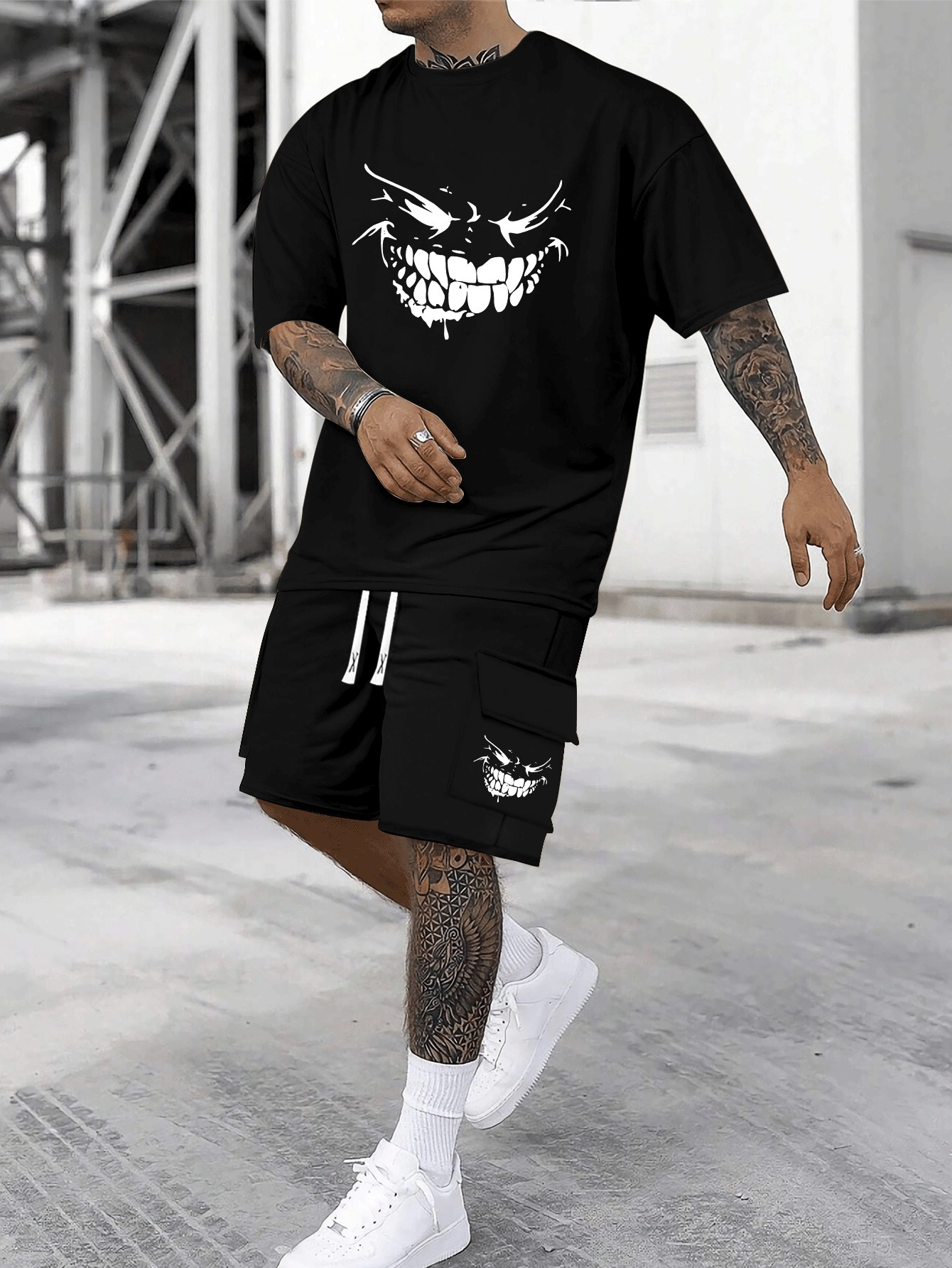Teeth-showing Smile Funny Pattern Print, Cotton Men's Short Sleeved Top And Shorts Basic Set, Comfortable Breathable Casual Outfits, Suitable For Summer Daily Wear, Vacation Or Training