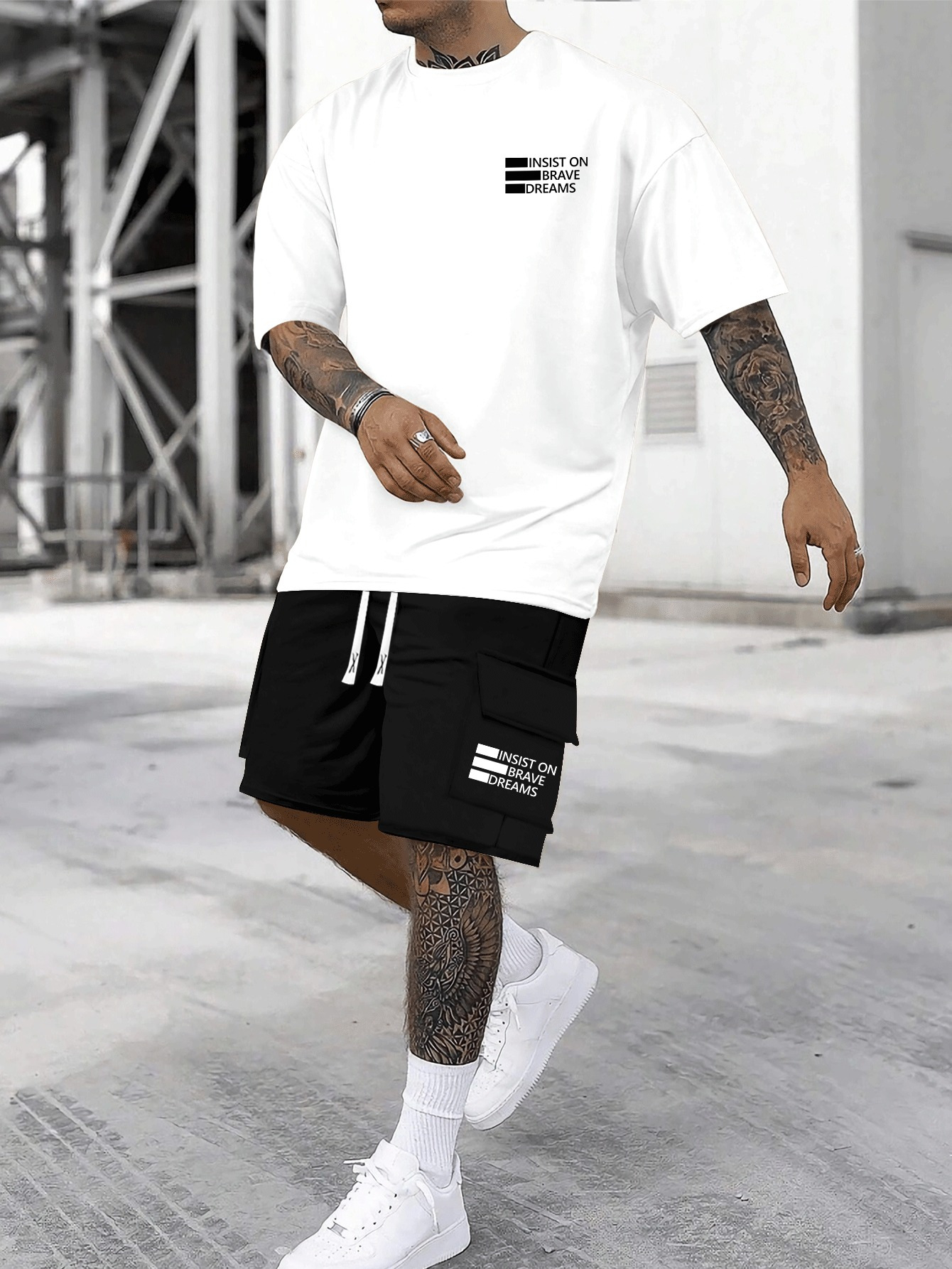 INSIST ON BRAVE DREAMS Pattern Print, Men's Short Sleeved Top And Shorts Basic Set, Comfortable Breathable Casual Outfits, Suitable For Summer Daily Wear, Vacation Or Training