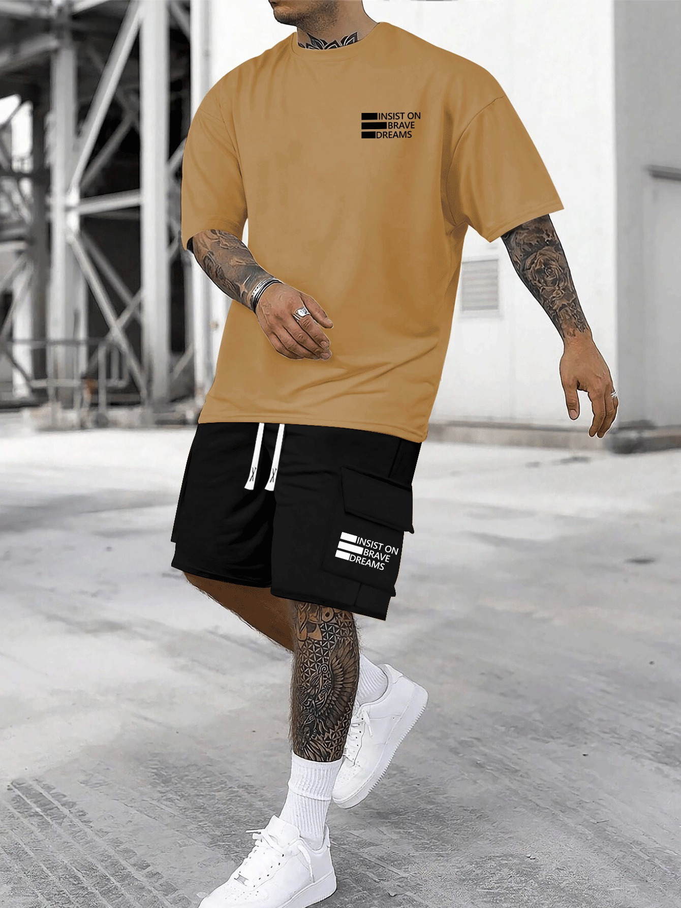 INSIST ON BRAVE DREAMS Pattern Print, Men's Short Sleeved Top And Shorts Basic Set, Comfortable Breathable Casual Outfits, Suitable For Summer Daily Wear, Vacation Or Training