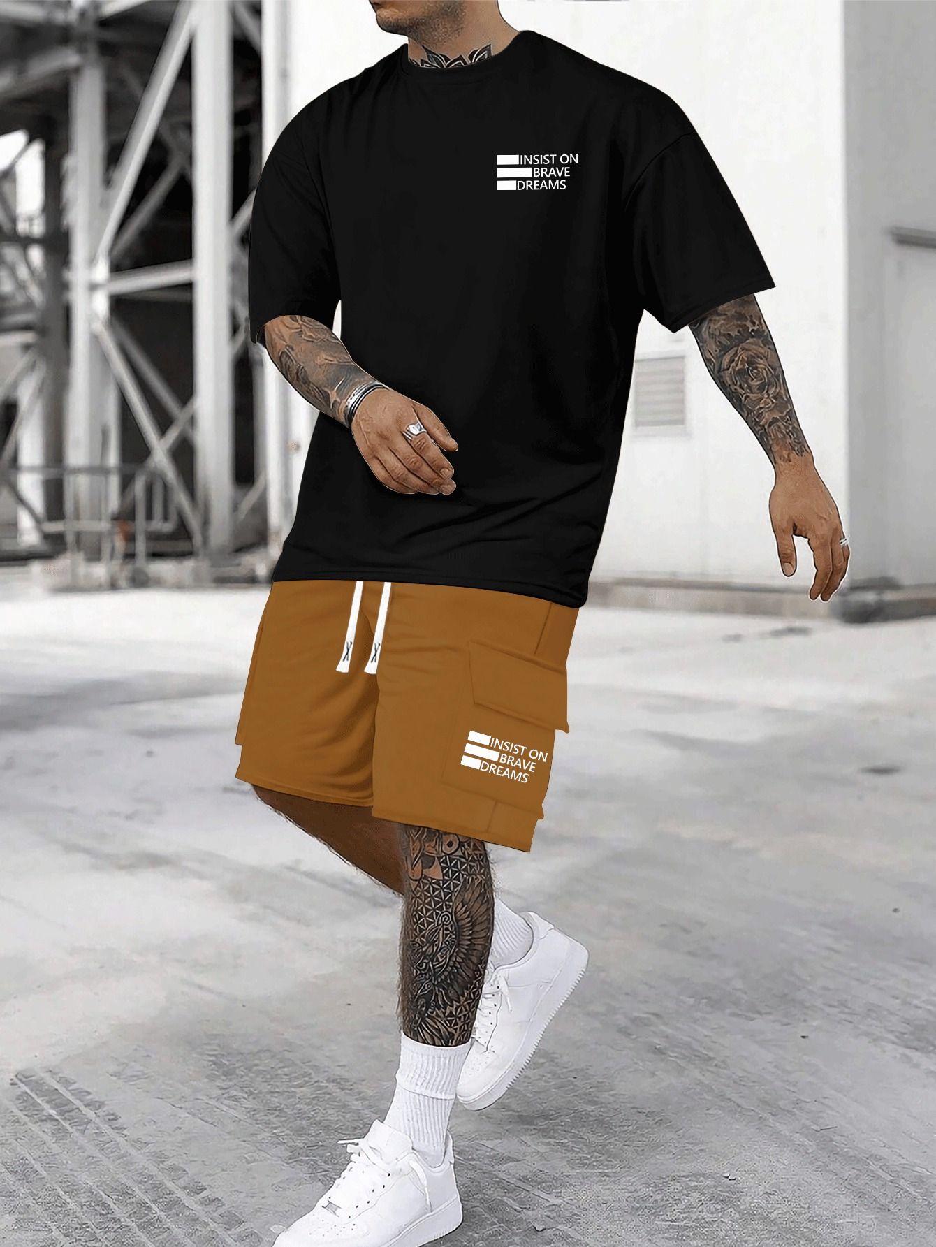 INSIST ON BRAVE DREAMS Pattern Print, Men's Short Sleeved Top And Shorts Basic Set, Comfortable Breathable Casual Outfits, Suitable For Summer Daily Wear, Vacation Or Training