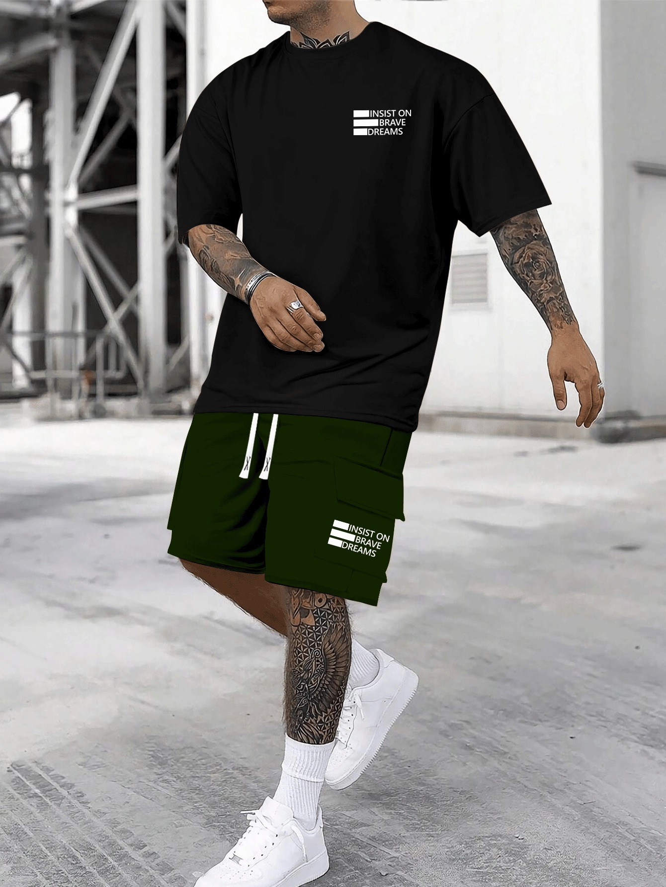INSIST ON BRAVE DREAMS Pattern Print, Men's Short Sleeved Top And Shorts Basic Set, Comfortable Breathable Casual Outfits, Suitable For Summer Daily Wear, Vacation Or Training