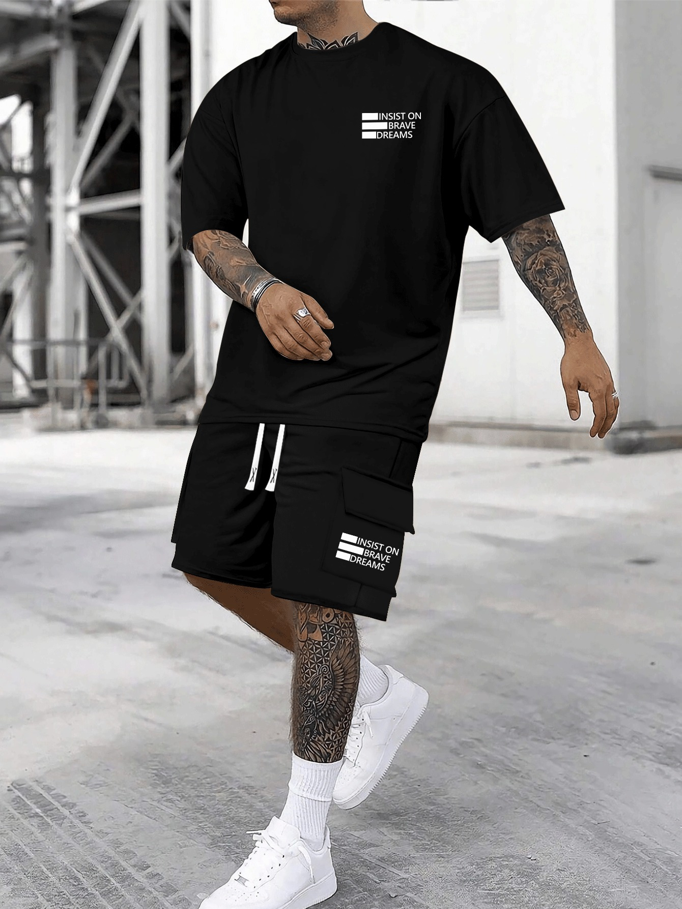 INSIST ON BRAVE DREAMS Pattern Print, Men's Short Sleeved Top And Shorts Basic Set, Comfortable Breathable Casual Outfits, Suitable For Summer Daily Wear, Vacation Or Training