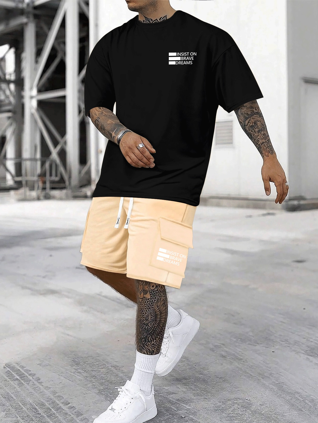 INSIST ON BRAVE DREAMS Pattern Print, Men's Short Sleeved Top And Shorts Basic Set, Comfortable Breathable Casual Outfits, Suitable For Summer Daily Wear, Vacation Or Training
