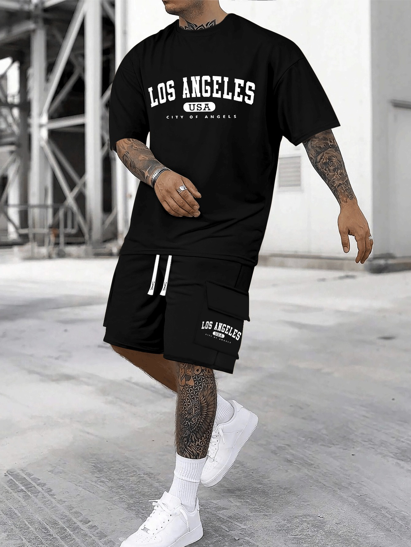 Men's Casual Cotton Crew Neck T-Shirt & Shorts Set | Knit Fabric, Loose Fit, Slight Stretch | Geometric-Patterned Lash Sets | 95% Cotton, 5% Elastane Bottoms, 100% Cotton Top