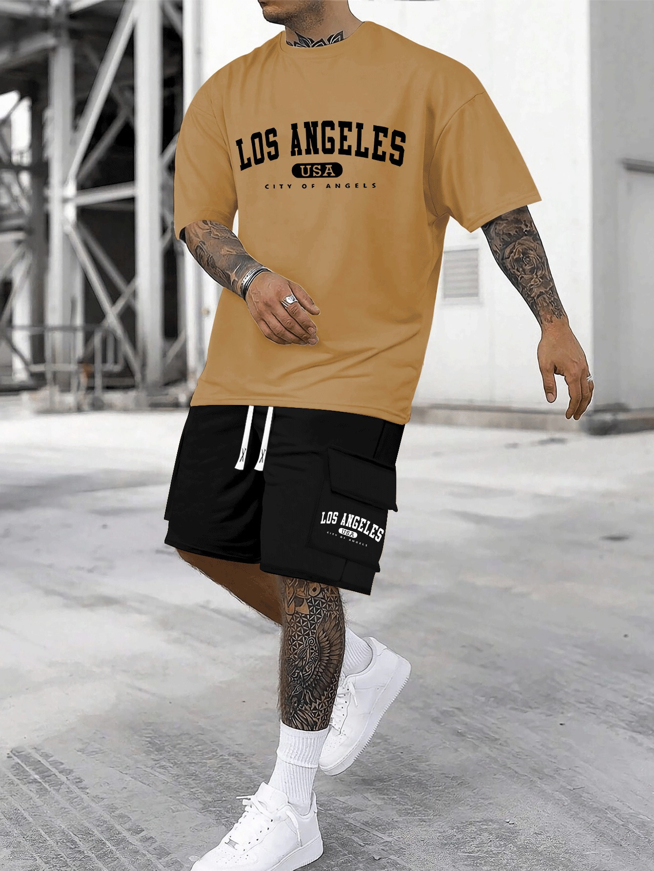 Men's Casual Cotton Crew Neck T-Shirt & Shorts Set | Knit Fabric, Loose Fit, Slight Stretch | Geometric-Patterned Lash Sets | 95% Cotton, 5% Elastane Bottoms, 100% Cotton Top