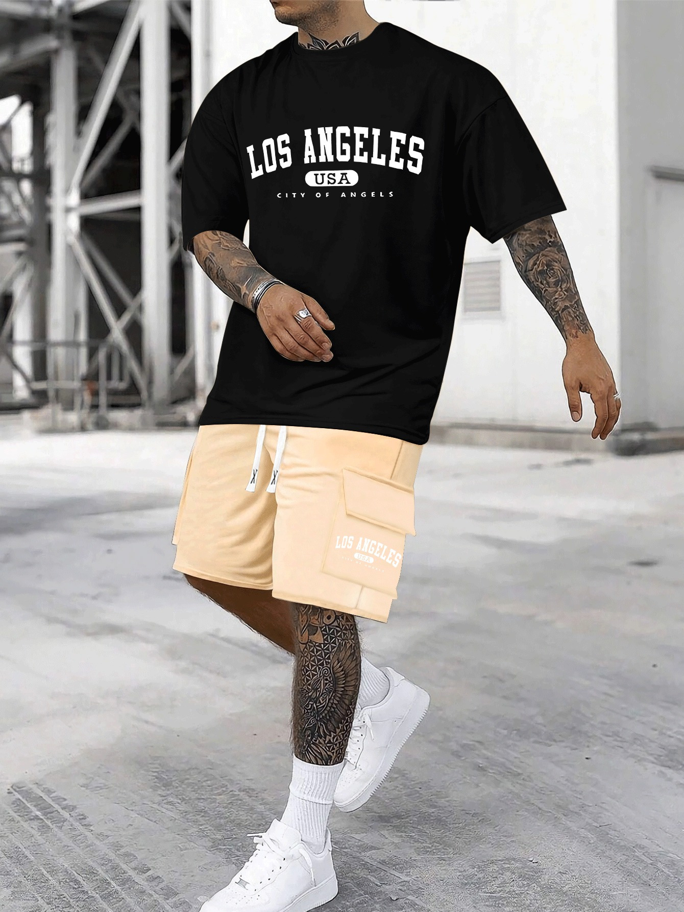 Men's Casual Cotton Crew Neck T-Shirt & Shorts Set | Knit Fabric, Loose Fit, Slight Stretch | Geometric-Patterned Lash Sets | 95% Cotton, 5% Elastane Bottoms, 100% Cotton Top