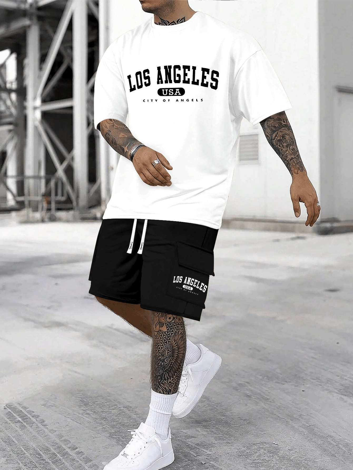 Men's Casual Cotton Crew Neck T-Shirt & Shorts Set | Knit Fabric, Loose Fit, Slight Stretch | Geometric-Patterned Lash Sets | 95% Cotton, 5% Elastane Bottoms, 100% Cotton Top