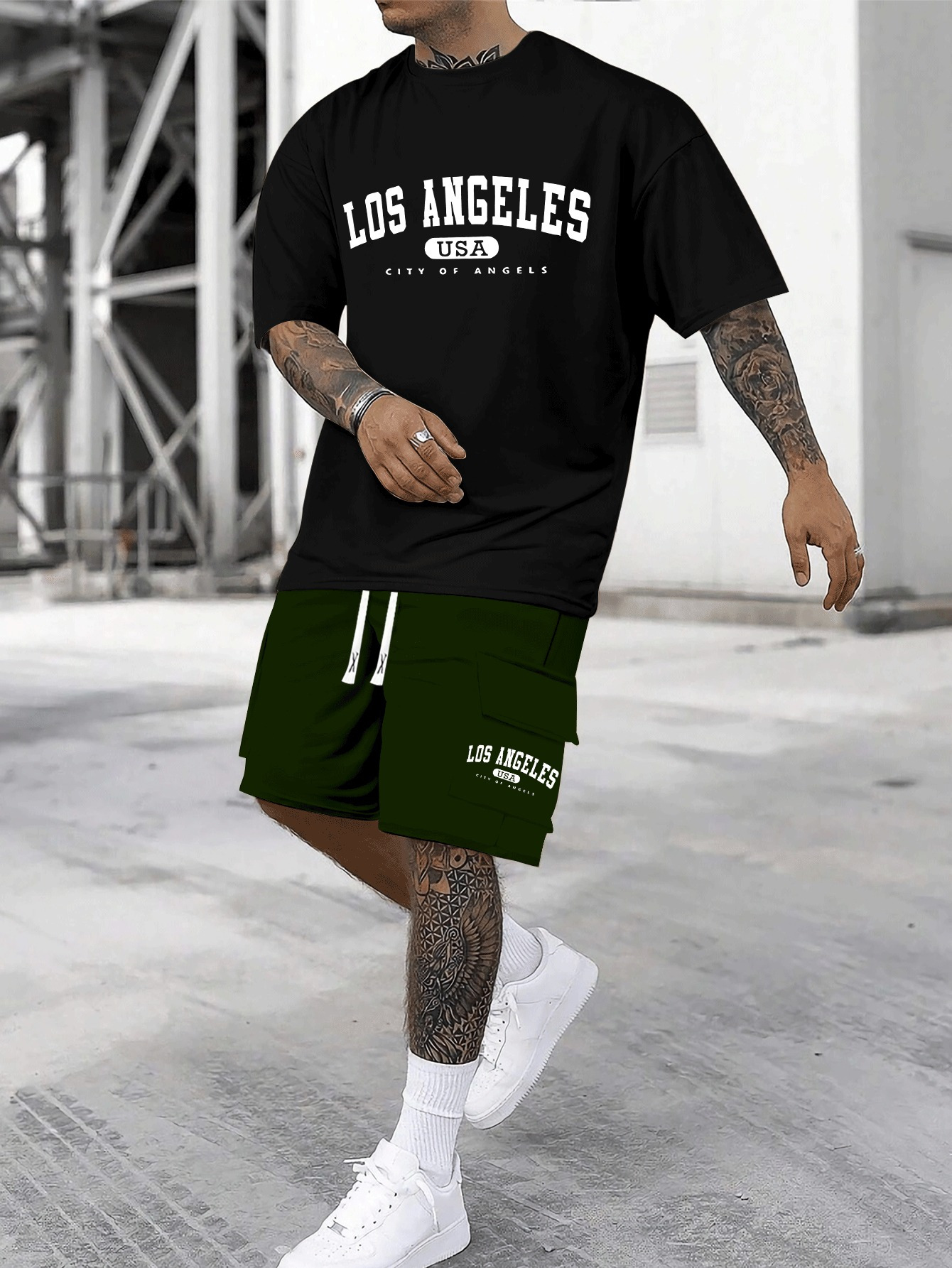 Men's Casual Cotton Crew Neck T-Shirt & Shorts Set | Knit Fabric, Loose Fit, Slight Stretch | Geometric-Patterned Lash Sets | 95% Cotton, 5% Elastane Bottoms, 100% Cotton Top