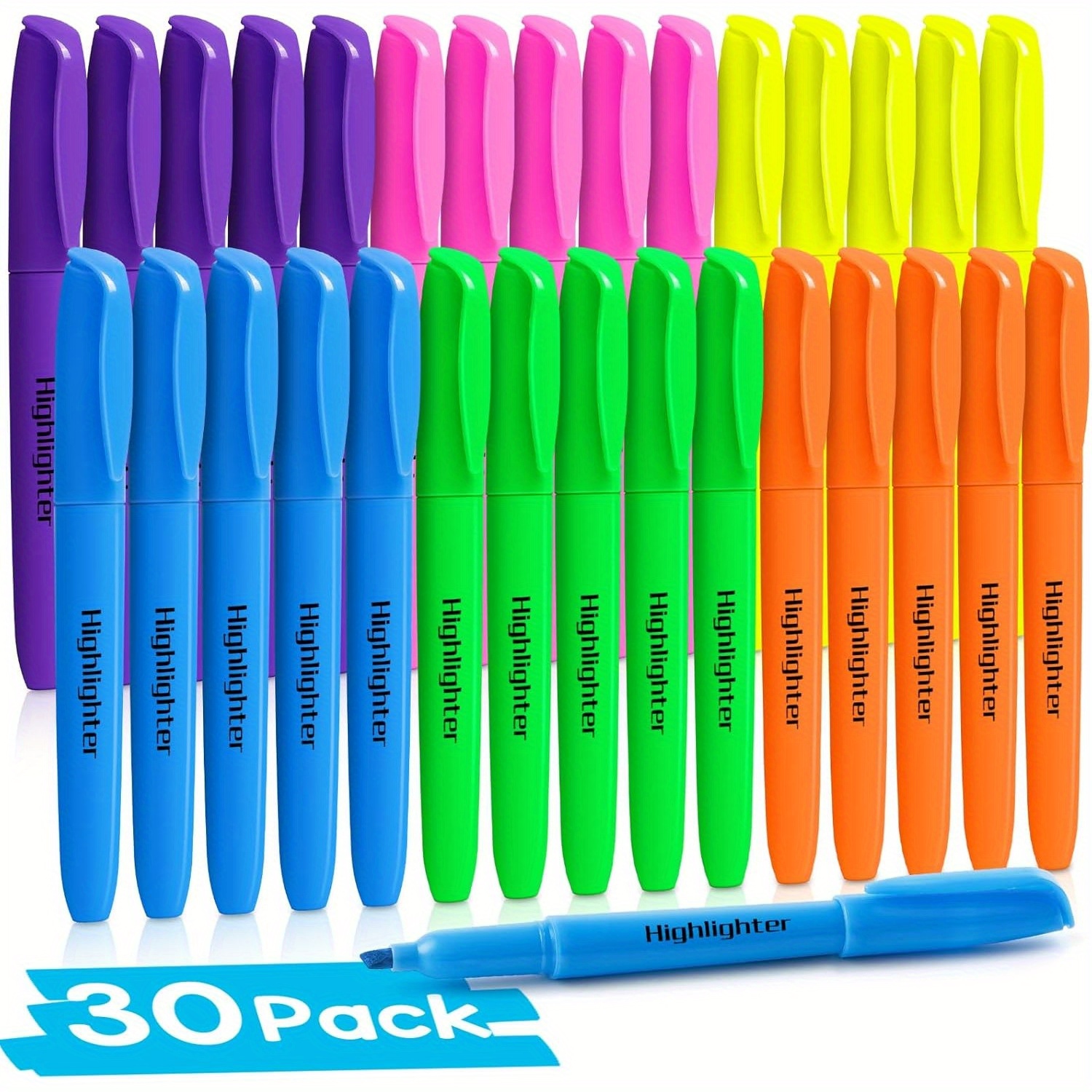 

30 Pack No Bleed Highlighters - Assorted Colors, Chisel Tip Markers, Ideal For Office, School, 14+, Bulk Set