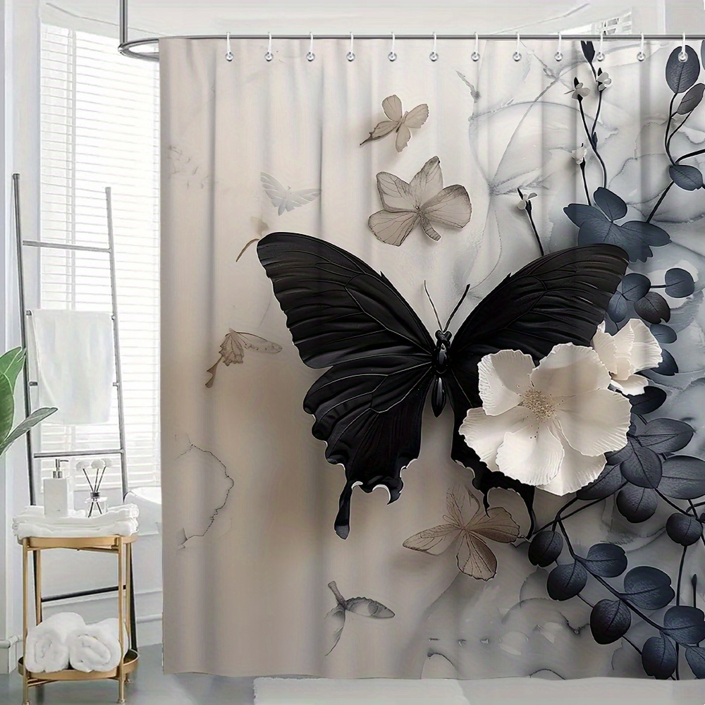 

Woven Polyester Shower Curtain With Floral Butterfly Pattern, Fashion Themed Bathroom Decor, Waterproof And Heavy-duty With Line Dry Operation, Includes Multiple Accessories