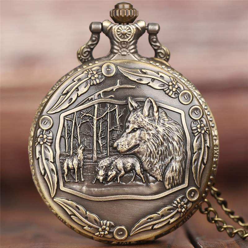 TEMU Creative Wild Wolf Retro Bronze Pocket Watch Men Women Fashion Pendant Awesome Animal Quartz Clock With Necklace Chain Best Gift