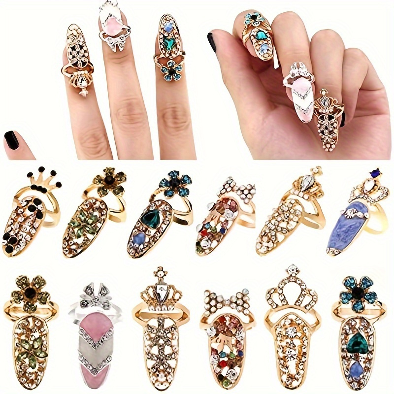 12pcs luxury nail ring set for women fashionable bowknot   with sparkling rhinestones mixed colors golden tone almond shape long length 1